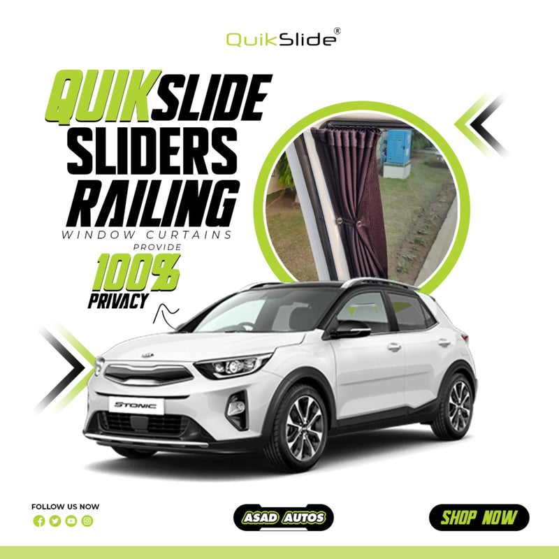 Premium QuikSlide sliders railing curtains installed on Kia Stonic Gen1 2021-2025