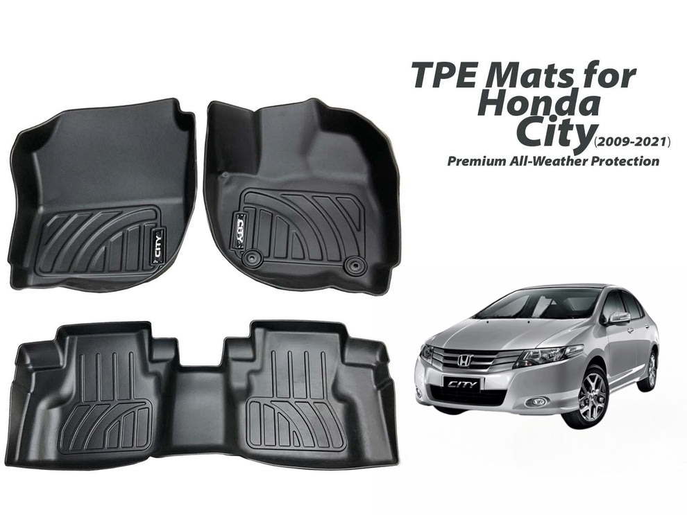 Premium TPE floor mats for Honda City (2009-2021), offering all-weather protection with a custom-fit design and durable, eco-friendly materials.
