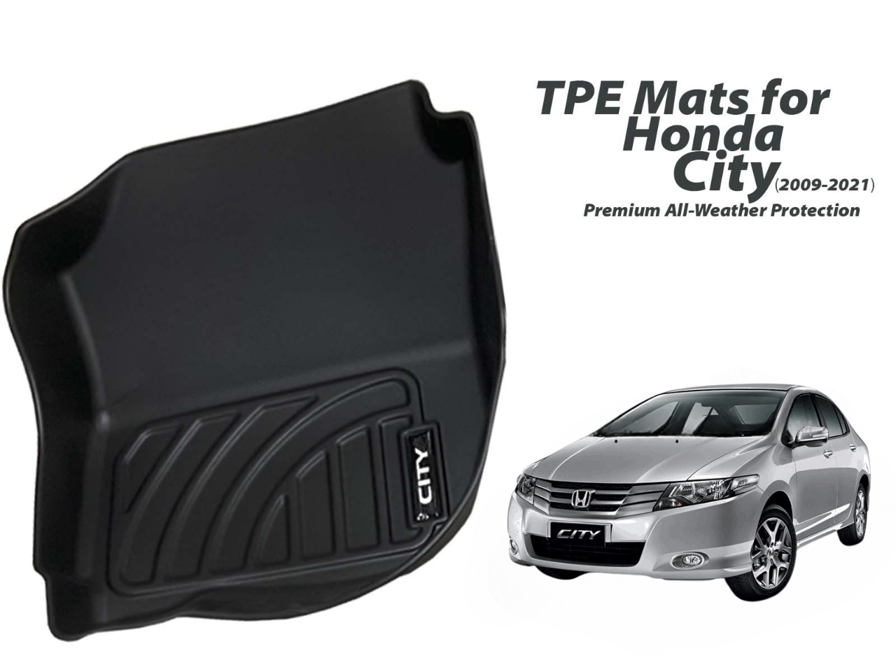 Premium TPE floor mats for Honda City (2009-2021), offering all-weather protection with a custom-fit design and durable, eco-friendly materials.

