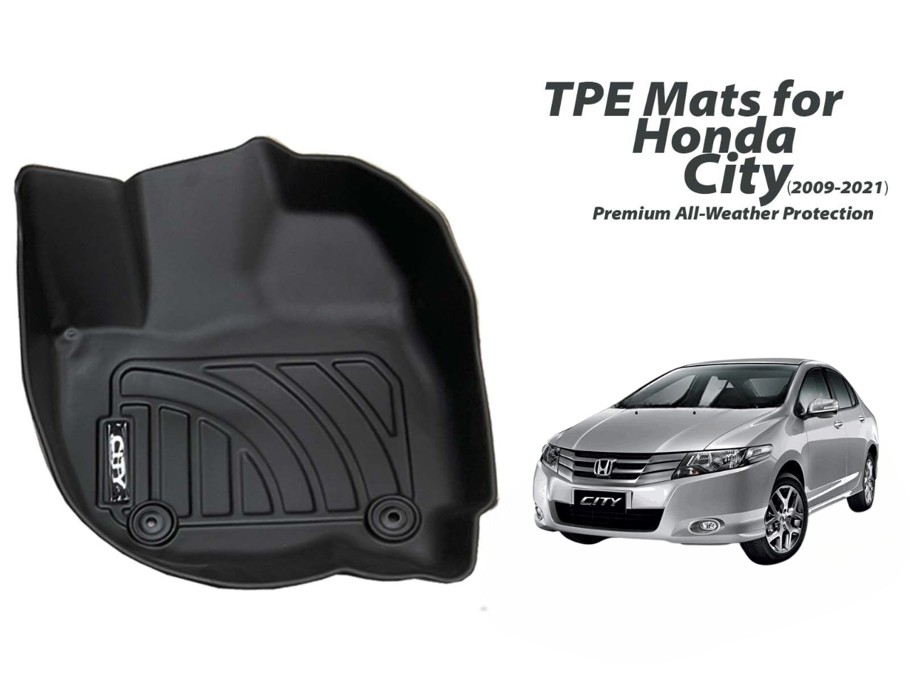 Premium TPE floor mats for Honda City (2009-2021), offering all-weather protection with a custom-fit design and durable, eco-friendly materials.
