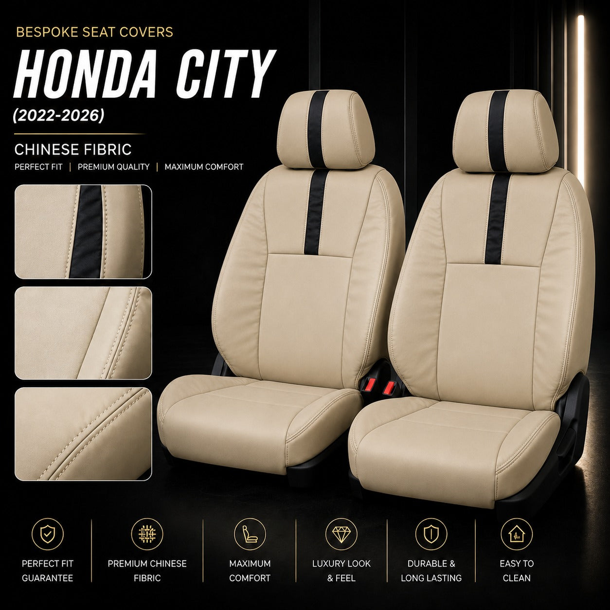 Premium bespoke seat cover made from high-quality Chinese automotive upholstery material for Honda City 2022–2026