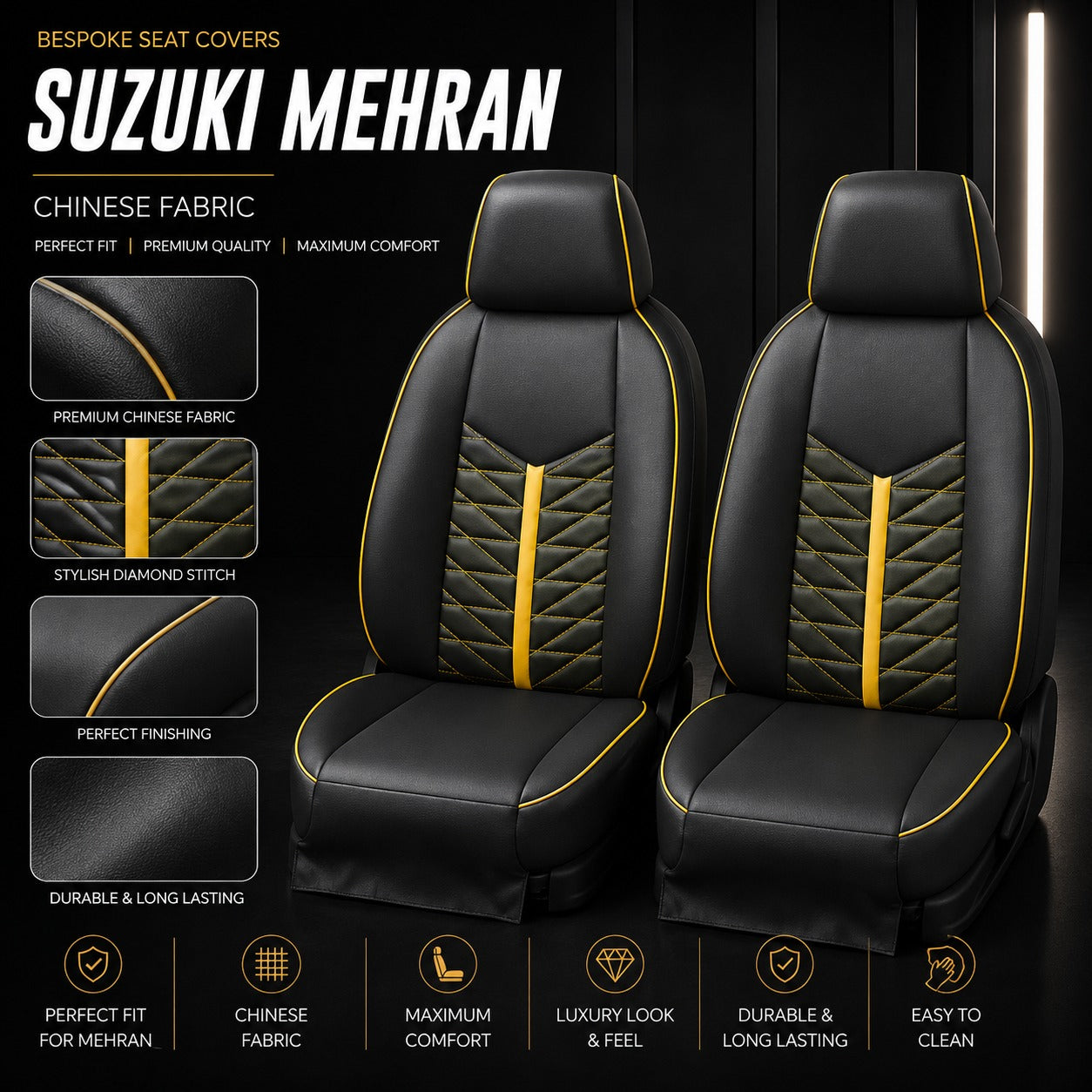 Premium bespoke seat cover made from high-quality Chinese automotive upholstery material for Suzuki Mehran,