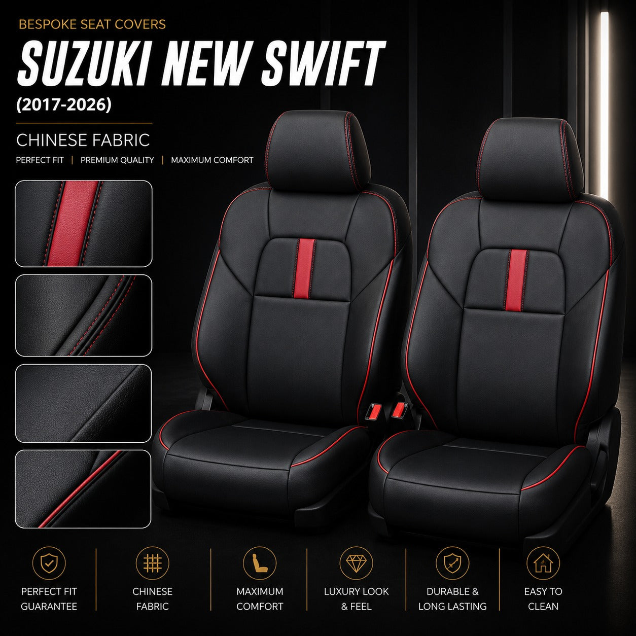 Premium bespoke seat cover made from high-quality Chinese automotive upholstery material for Suzuki New Swift 2017–2026,