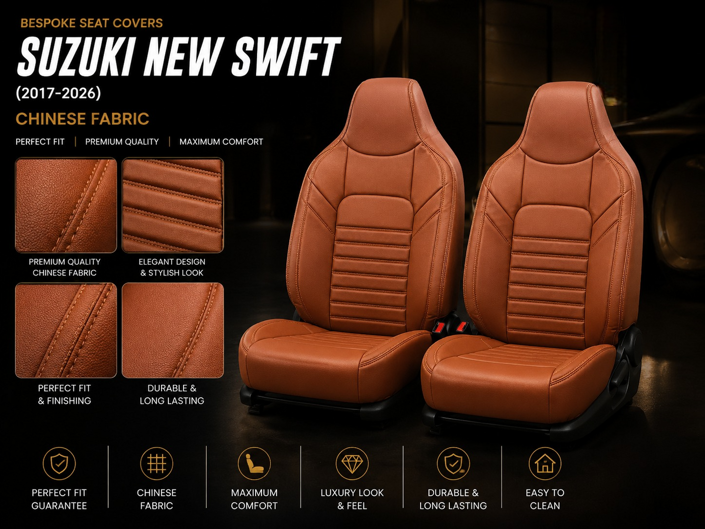 Premium bespoke seat cover made from high-quality Chinese automotive upholstery material for Suzuki New Swift 2017–2026,