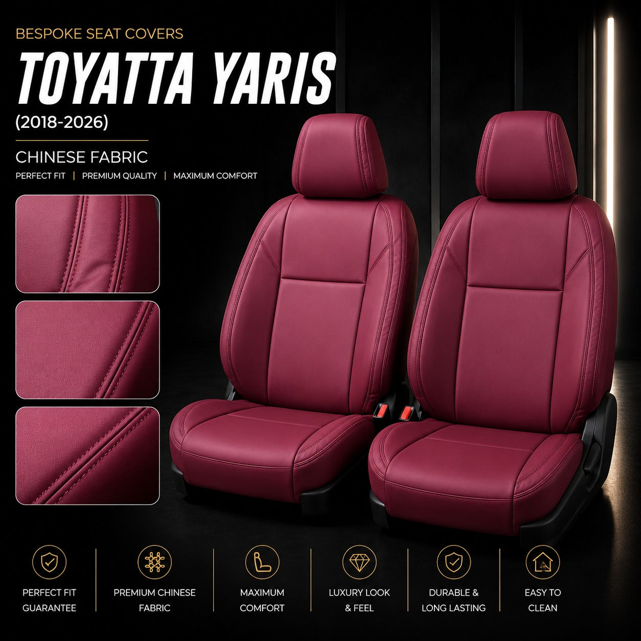 Premium bespoke seat cover made from high-quality Chinese automotive upholstery material for Toyota Yaris 2018–2026,