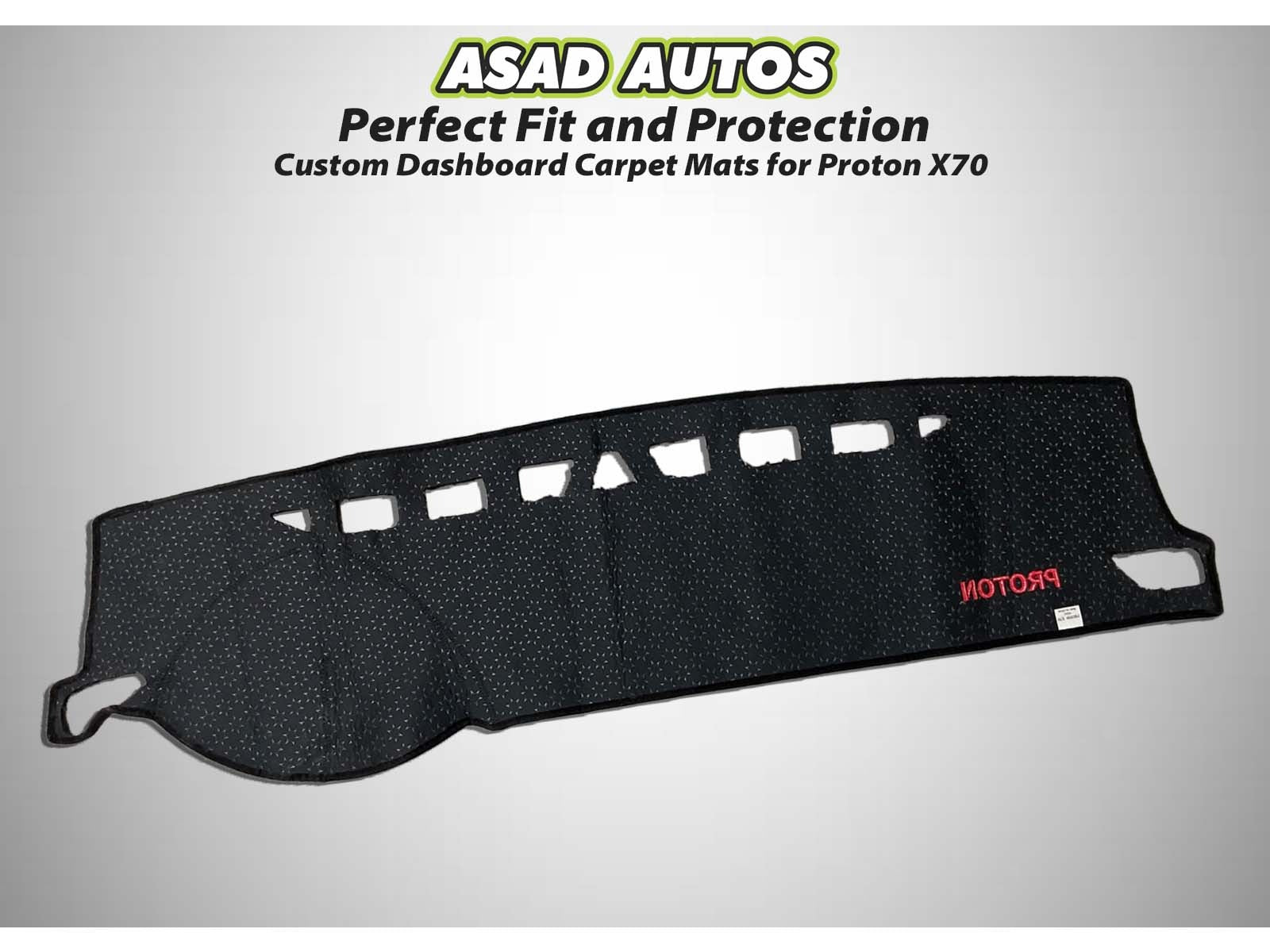"Proton X70 2021 dashboard carpet mat with UV protection, anti-glare features, and premium heat-resistant material."
