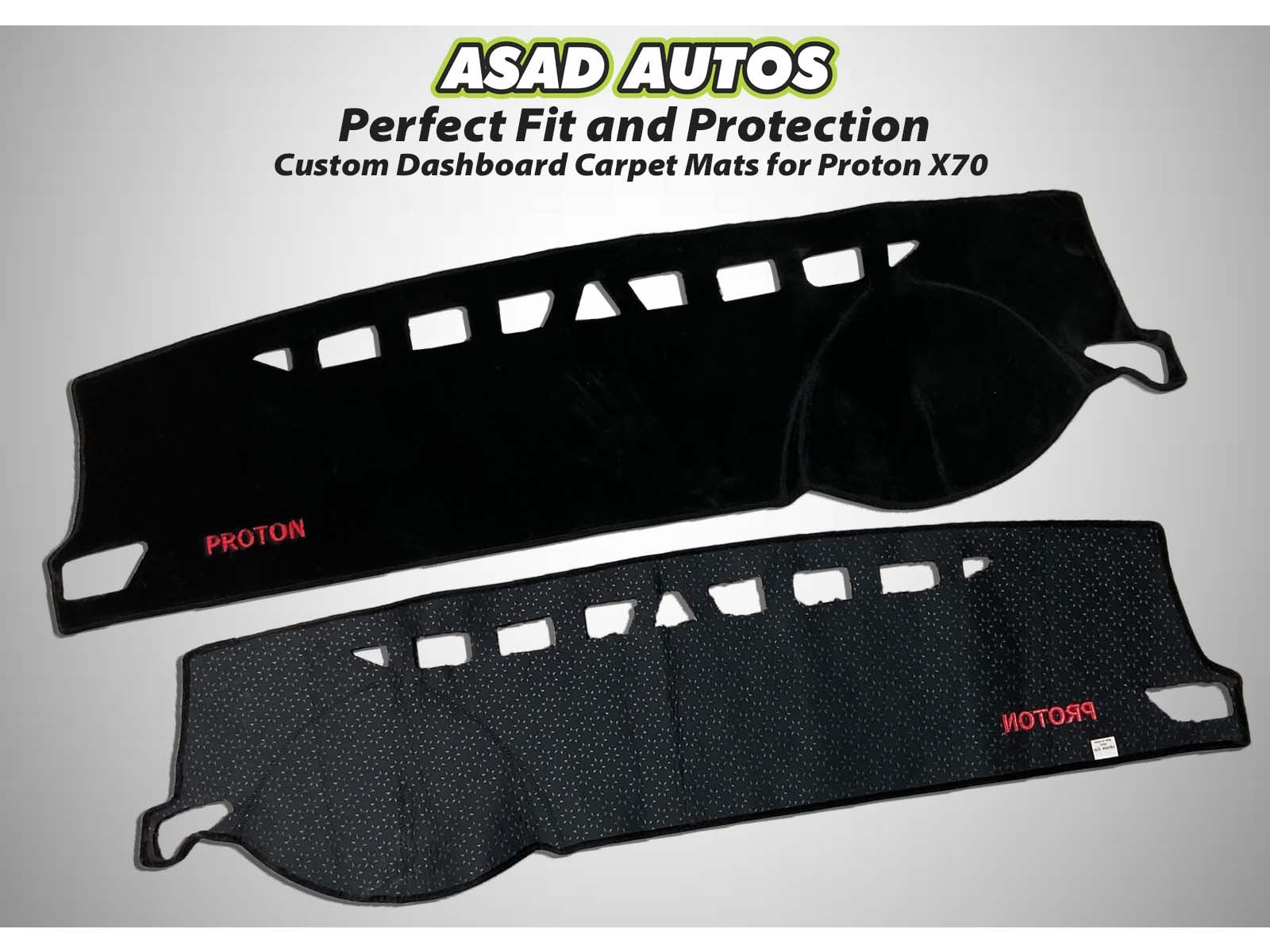 "Proton X70 2021 dashboard carpet mat with UV protection, anti-glare features, and premium heat-resistant material."
