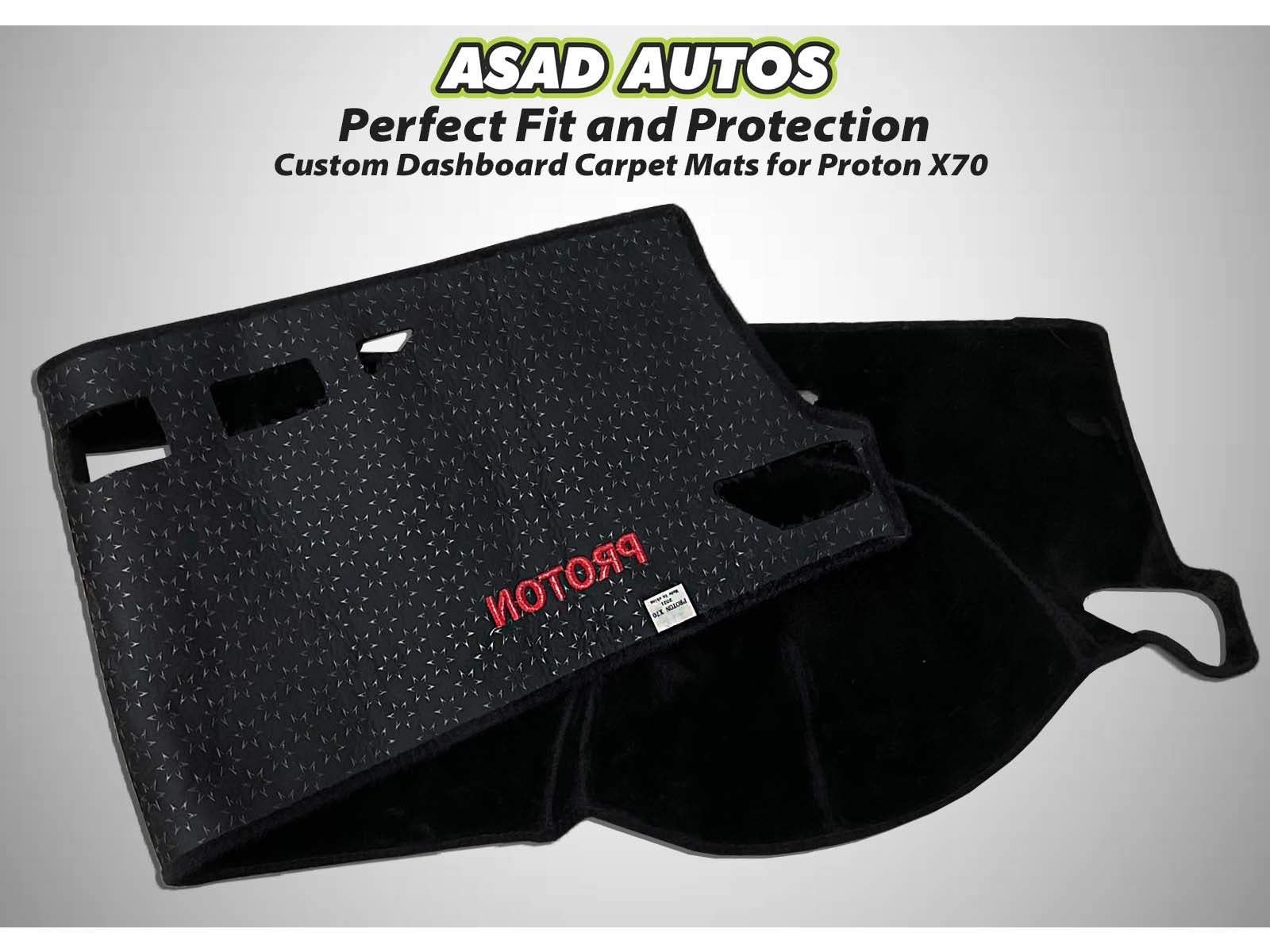 "Proton X70 2021 dashboard carpet mat with UV protection, anti-glare features, and premium heat-resistant material."
