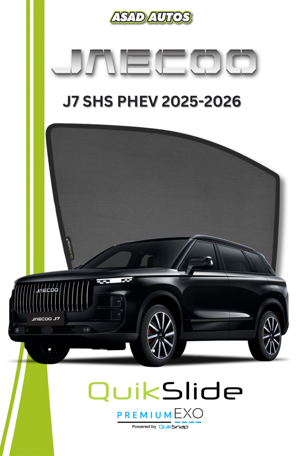 QS | QuikSlide Car Window Sun Shades (Car Pardy) For JAECOO J7 SHS PHEV 2025-2026 – Custom Magnetic Car Shades with UV & Privacy Protection