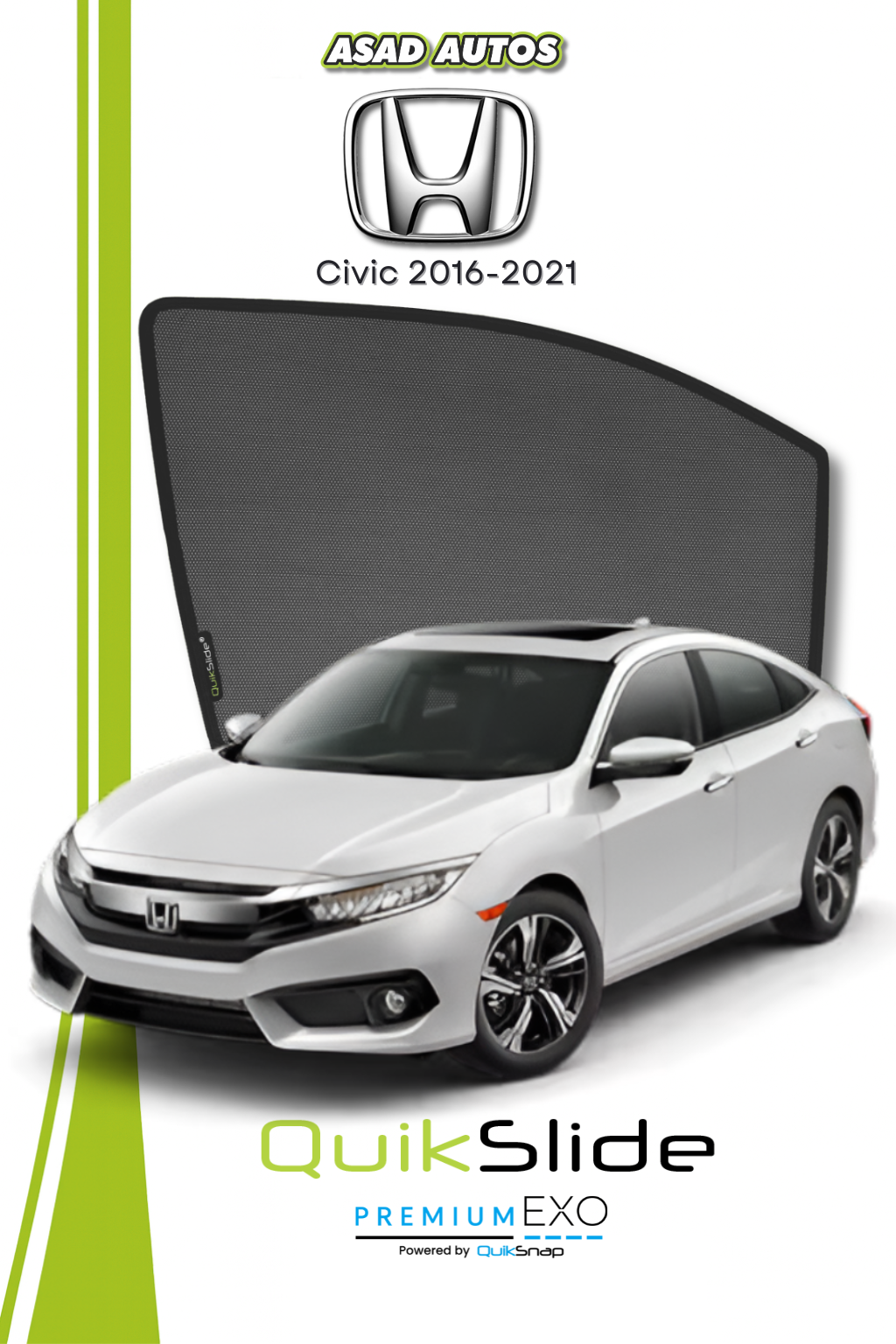 QS | QuikSlide | Quik Snap Window Sun Shades (Car Pardy) For Honda Civic 2016-2021 Sedan