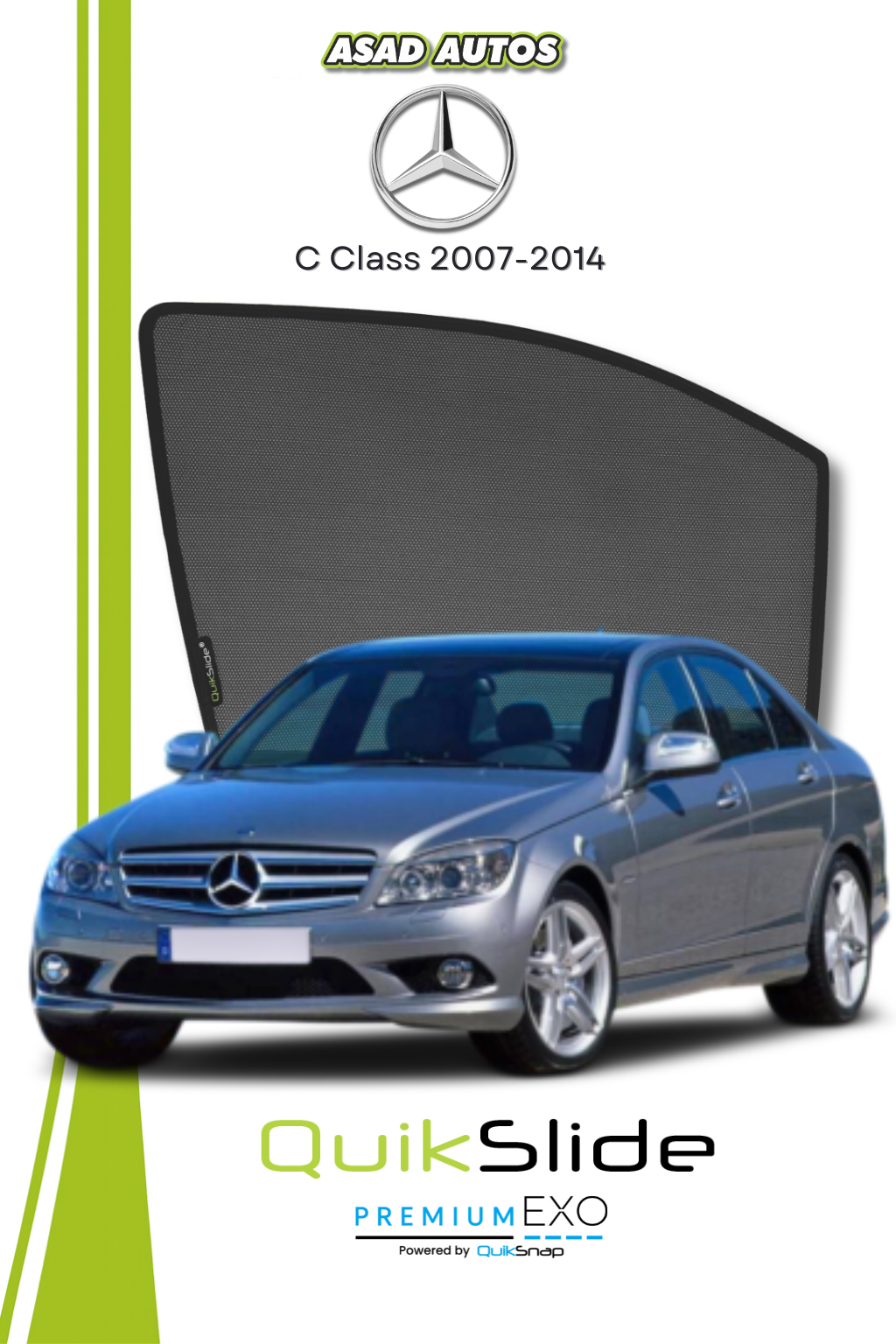 QS | QuikSlide | Quik Snap Window Sun Shades (Car Pardy) For Mercedes C Class 2007-2014 VIP Sedan