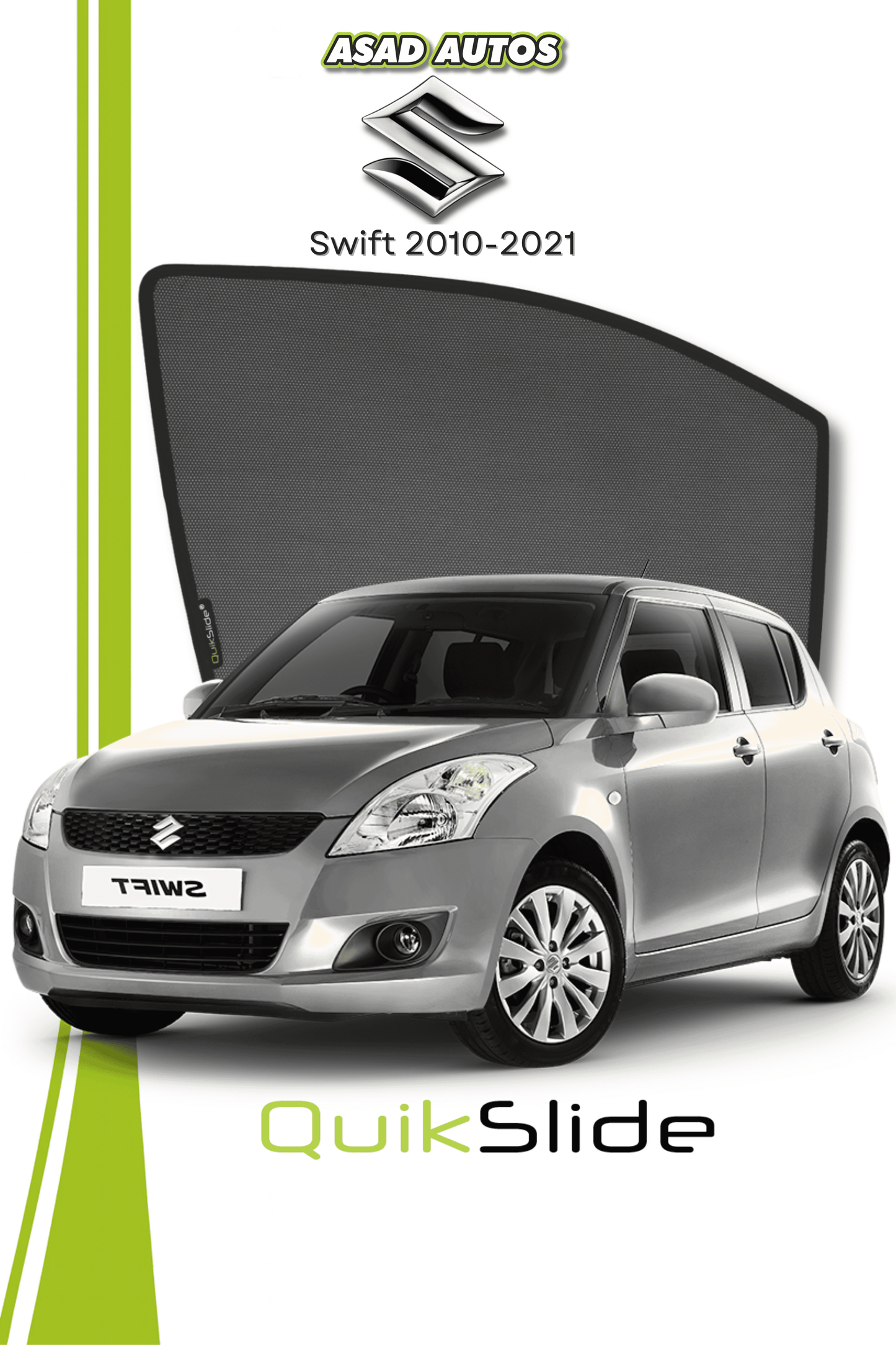 QS | QuikSlide | Quik Snap Window Sun Shades (Car Pardy) for Suzuki Swift 2010-2021 Hatchback – UV Protection & Custom Fit