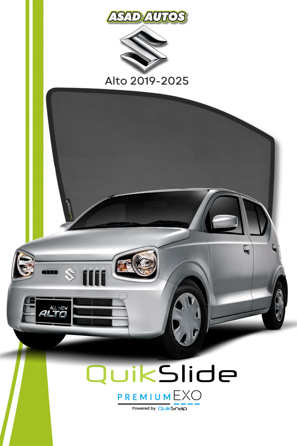 QS | QuikSlide | Quik Snap Window Sun Shades by Car Pardy for Suzuki Alto Hatchback 2019-2024 – UV Protection and Privacy