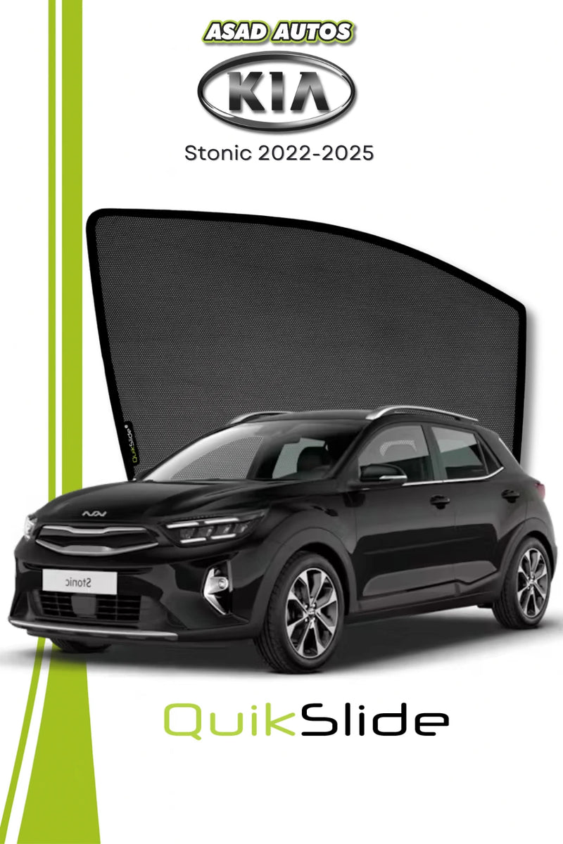 QS QuikSlide custom fit window sun shades installed on Kia Stonic 2022-2025 crossover side window