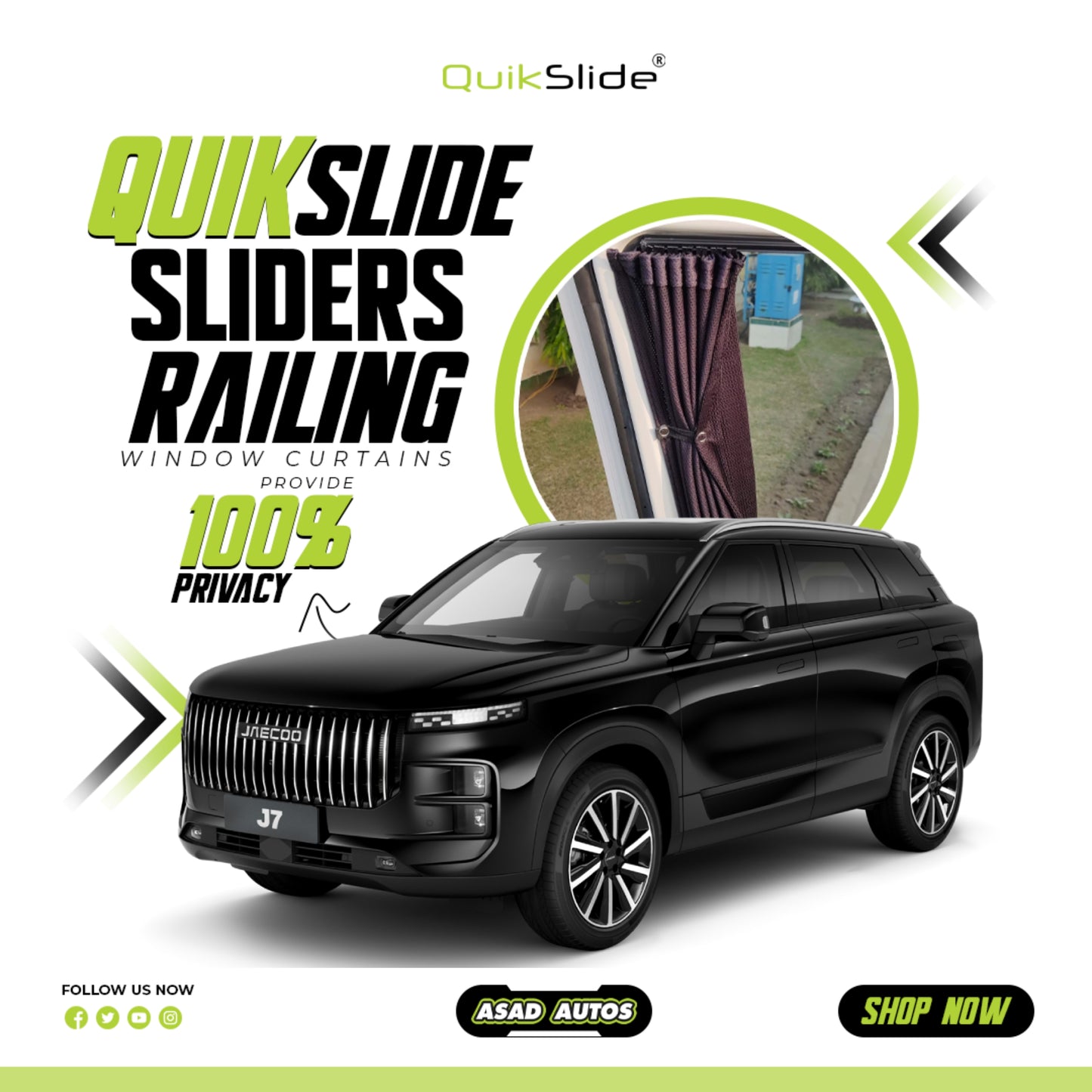 QuikSlide Railing Curtains for Jaecoo J7 2025-2026 Custom Fit Sliding Window Sun Shades