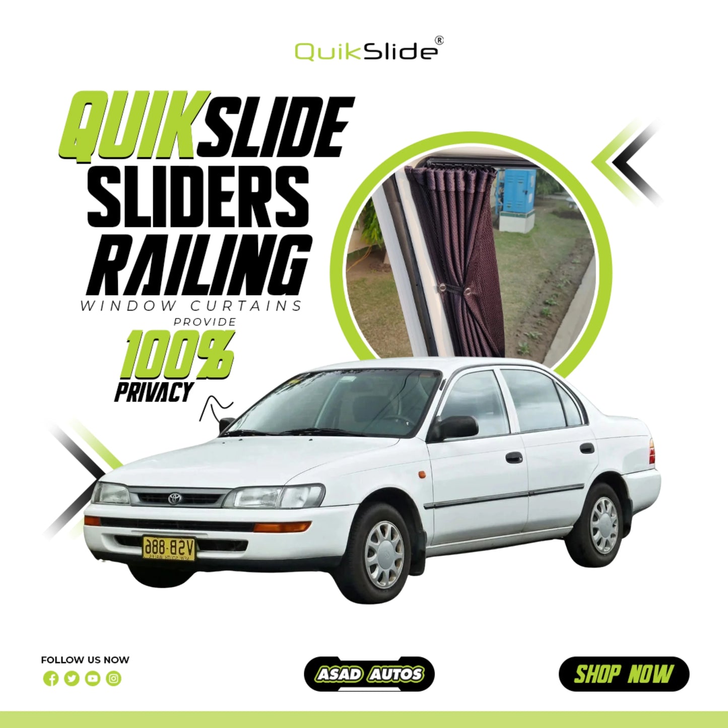 QuikSlide Railing Curtains for Toyota Corolla Gen7 1991-1995 Custom Fit Sliding Window Sun Shades
