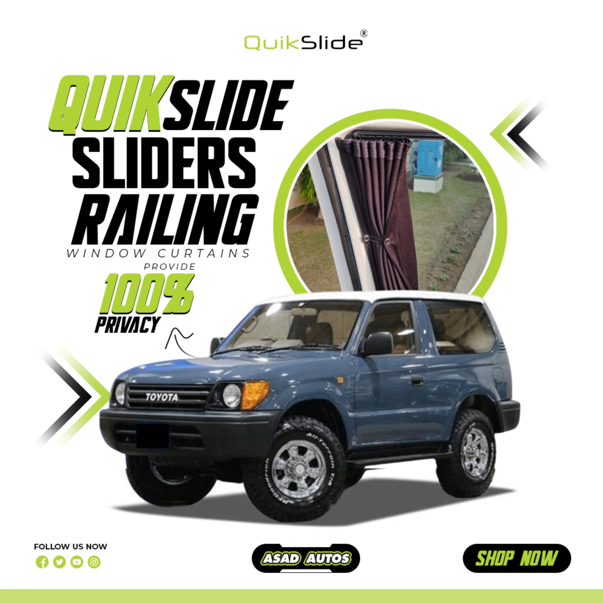 QuikSlide Railing Curtains for Toyota Land Cruiser Prado J90W 1996-1999 Custom Fit Sliding Window Sun Shades