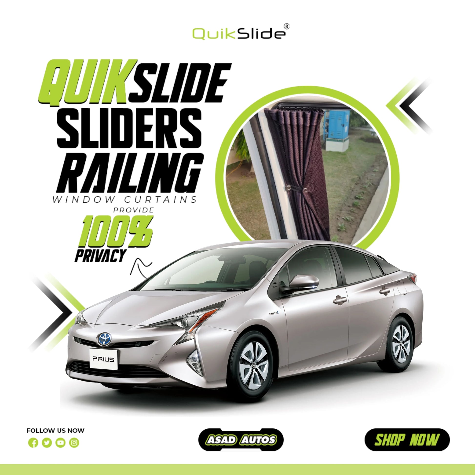 QuikSlide Railing Curtains for Toyota Prius Gen4 2015-2019 Custom Fit Sliding Window Sun Shades