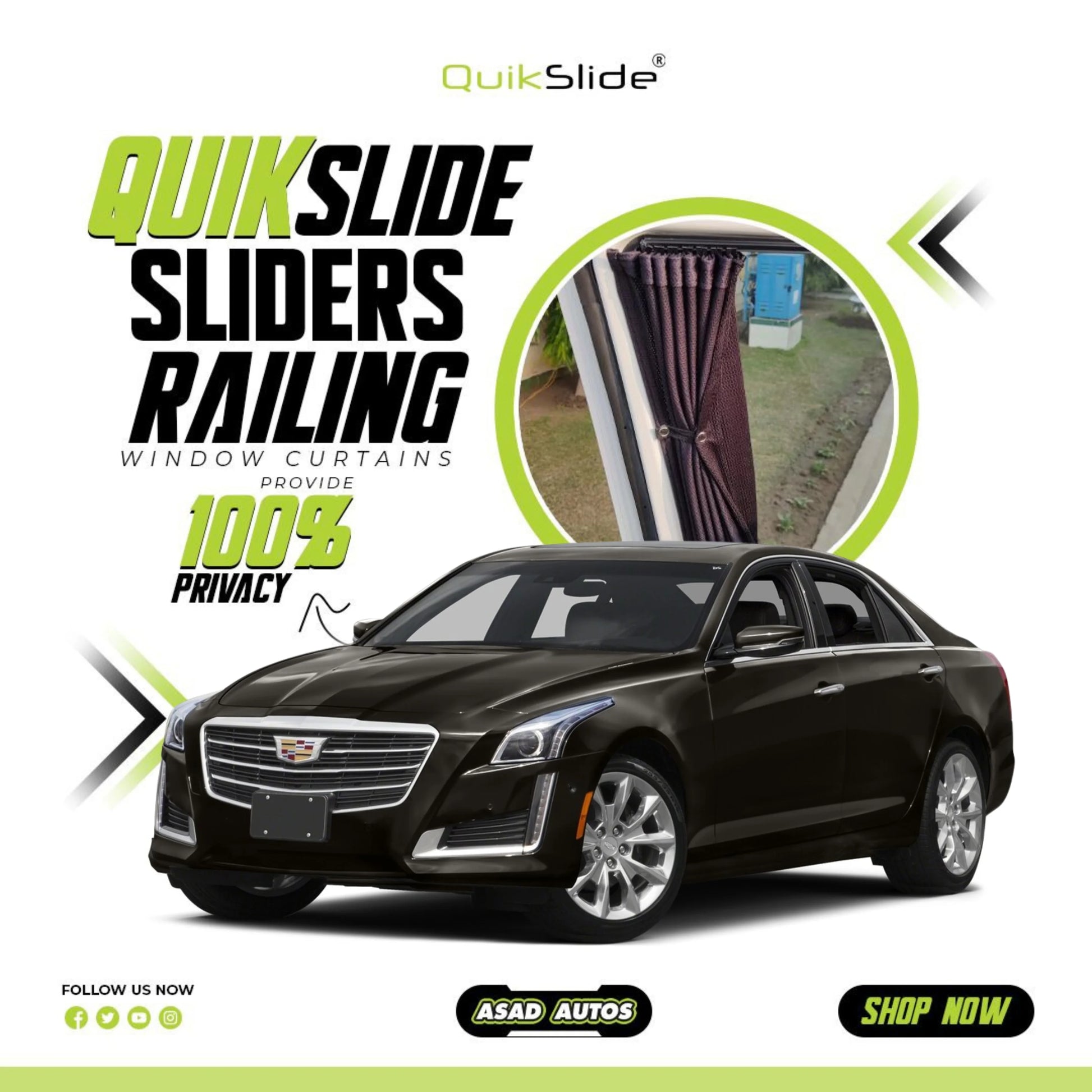QuikSlide Sliders Railing Curtains for Cadillac CTS Gen3 2014–2019 Car Window Sun Shades