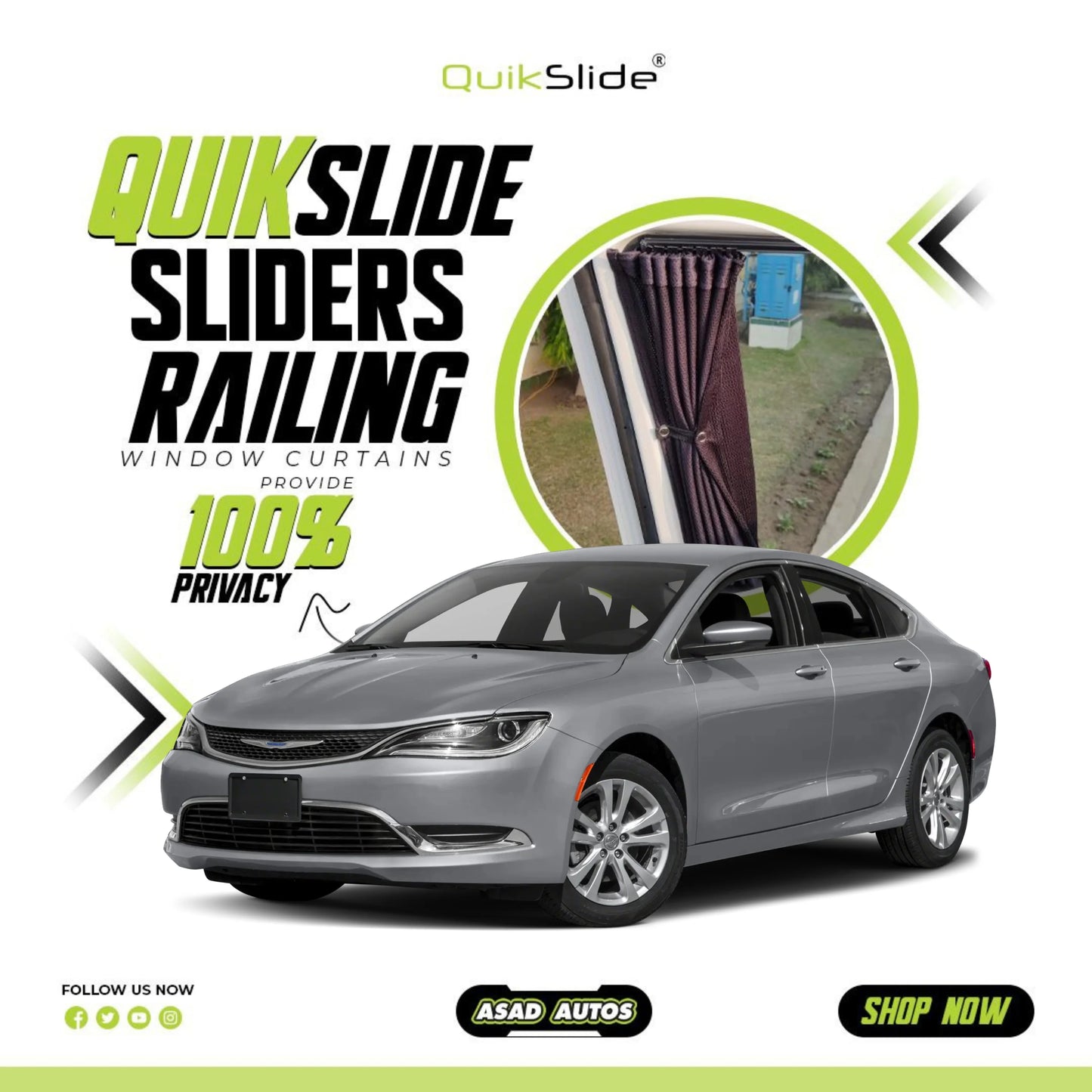 QuikSlide Sliders Railing Curtains for Chrysler 200 Gen2 2015–2017 Car Window Sun Shades
