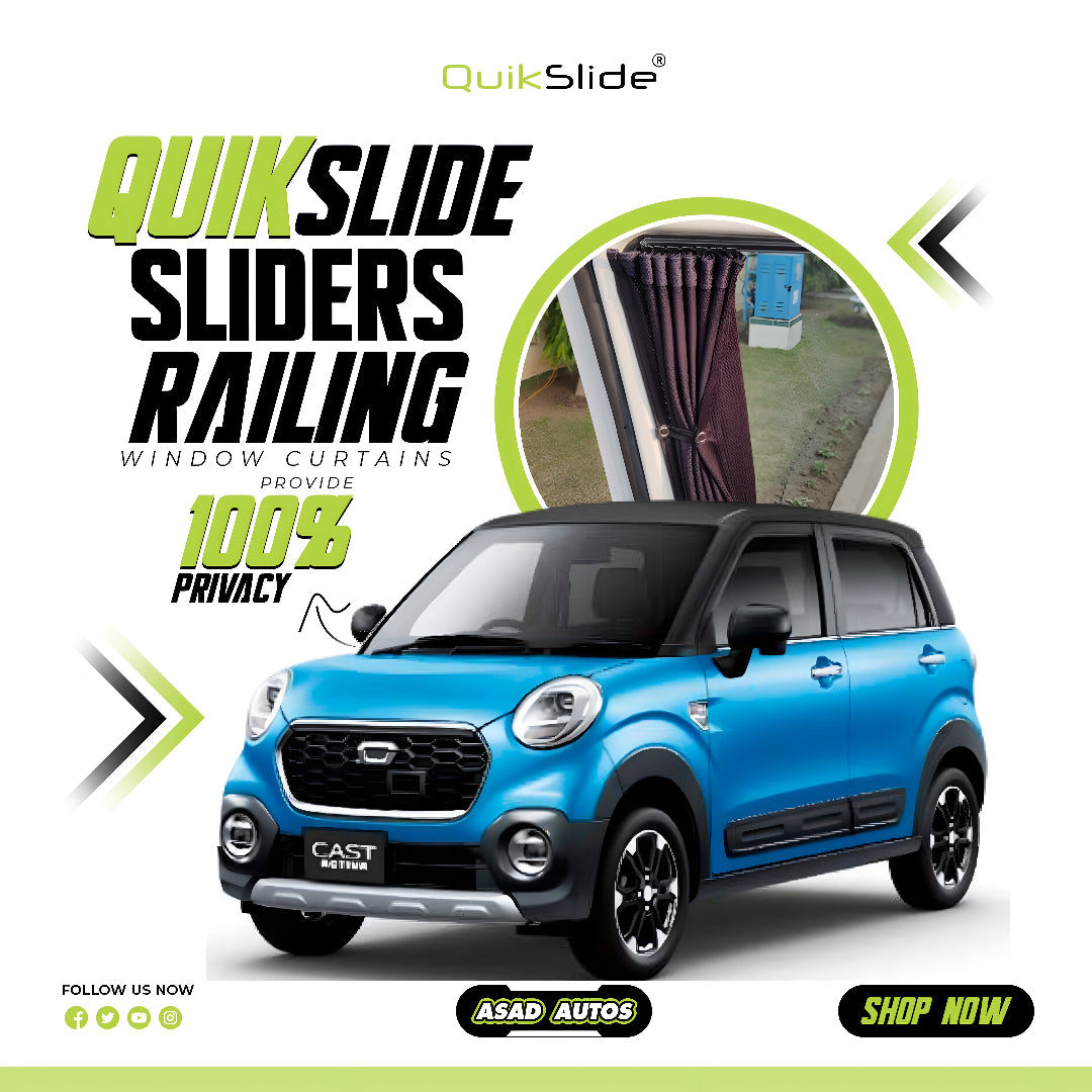 QuikSlide Sliders Railing Curtains for Daihatsu Cast Activa Gen1 (2015-2023) – Premium Privacy & Sun Protection"
