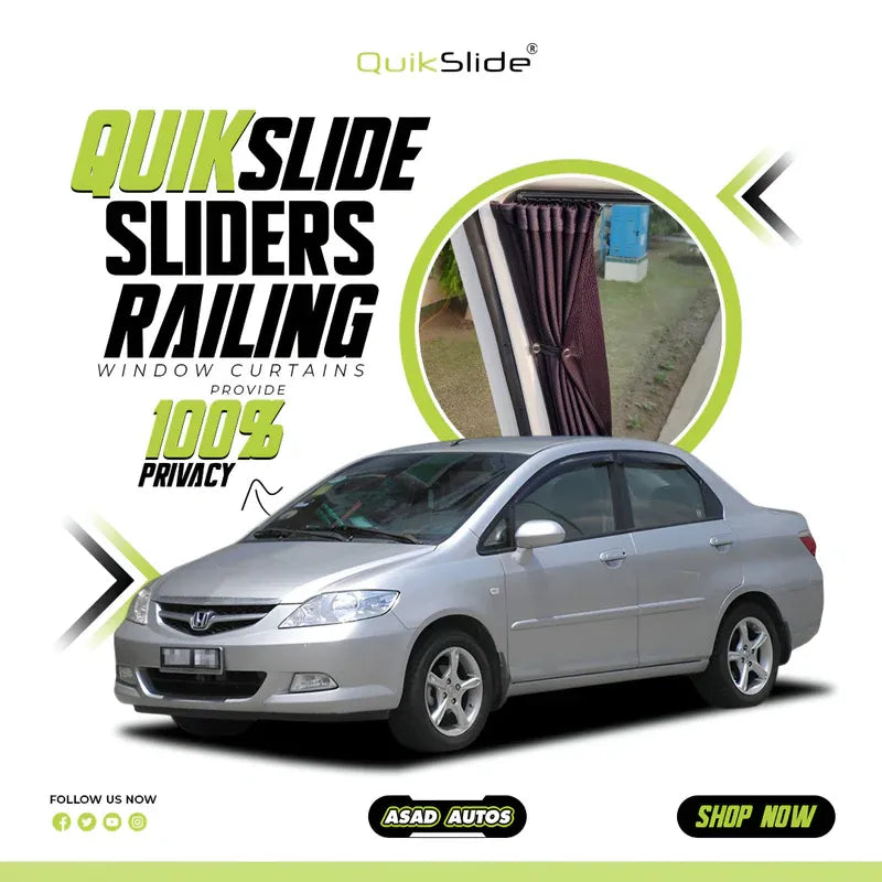 QuikSlide Sliders Railing Curtains for Honda City (2002-2008) – Stylish Custom Fit Privacy Shades with Sun Protection and UV Protection"

