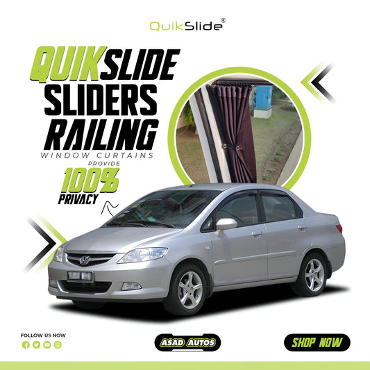 QuikSlide Sliders Railing Curtains for Honda City (2002-2008) – Stylish Custom Fit Privacy Shades with Sun Protection and UV Protection"
