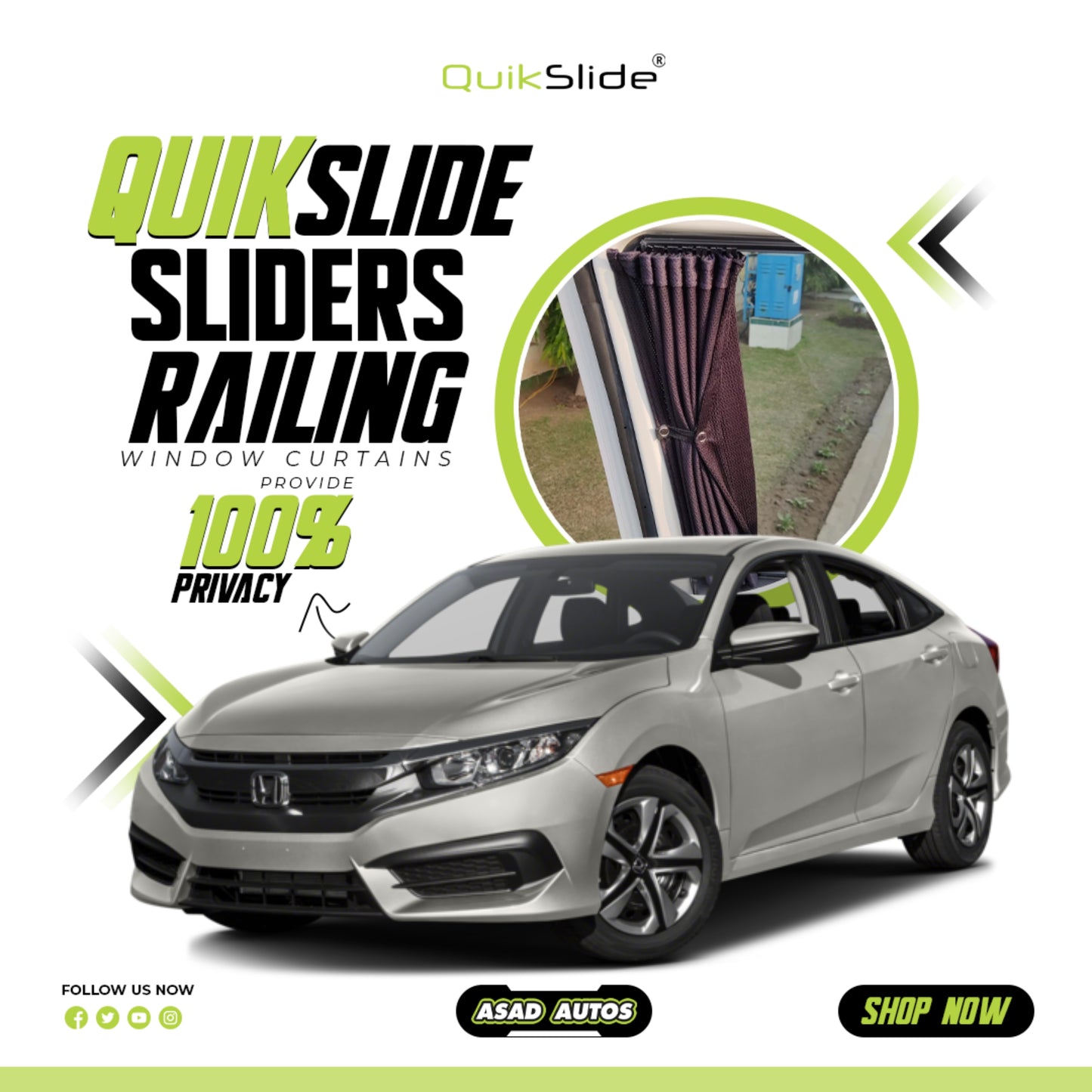 QuikSlide Sliders Railing Curtains for Honda Civic 2016-2021 (10th Generation) – UV Protection and Privacy Accessory