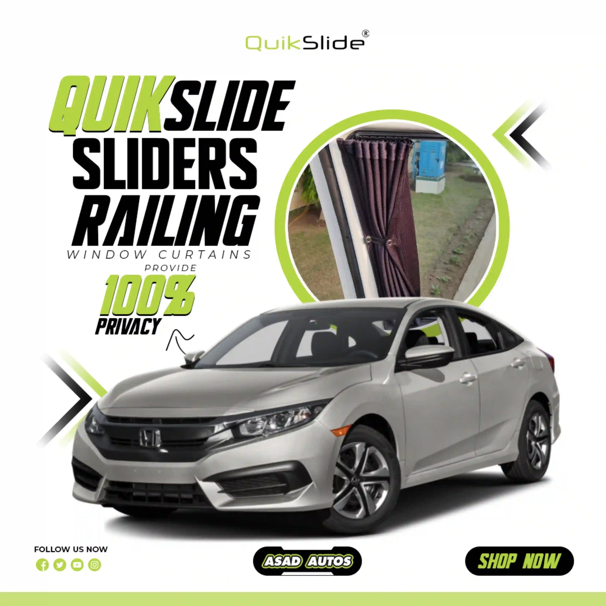 QuikSlide Sliders Railing Curtains for Honda Civic 2016-2021 (10th Generation) – UV Protection and Privacy Accessory