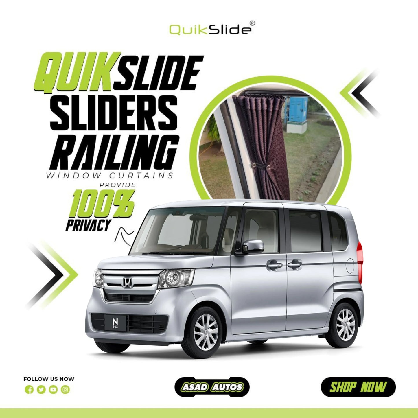 QuikSlide Sliders Railing Curtains for Honda N-Box Gen2 2017–2023 car window sun shades with UV protection and privacy coverage