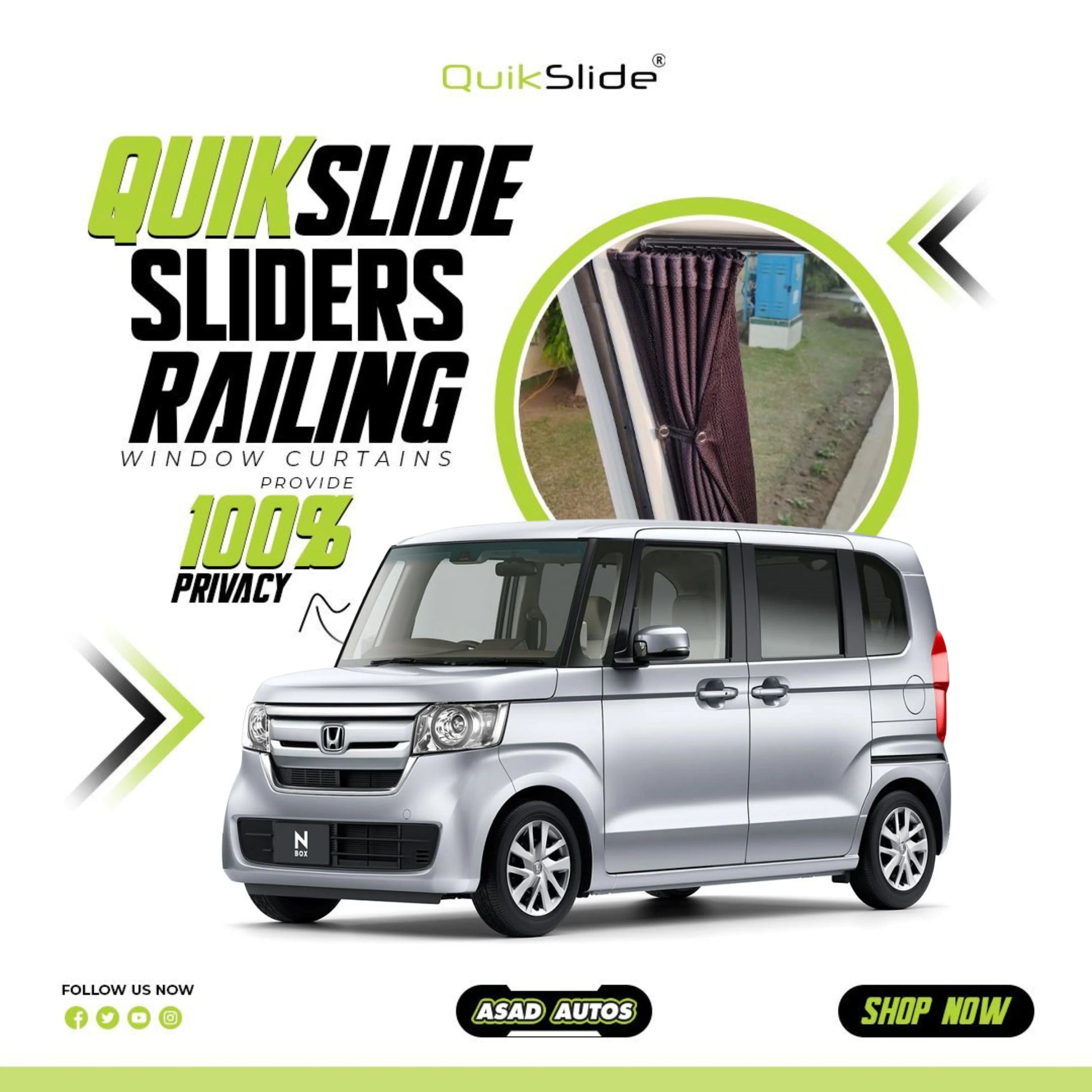 QuikSlide Sliders Railing Curtains for Honda N-Box Gen2 2017–2023 car window sun shades with UV protection and privacy coverage