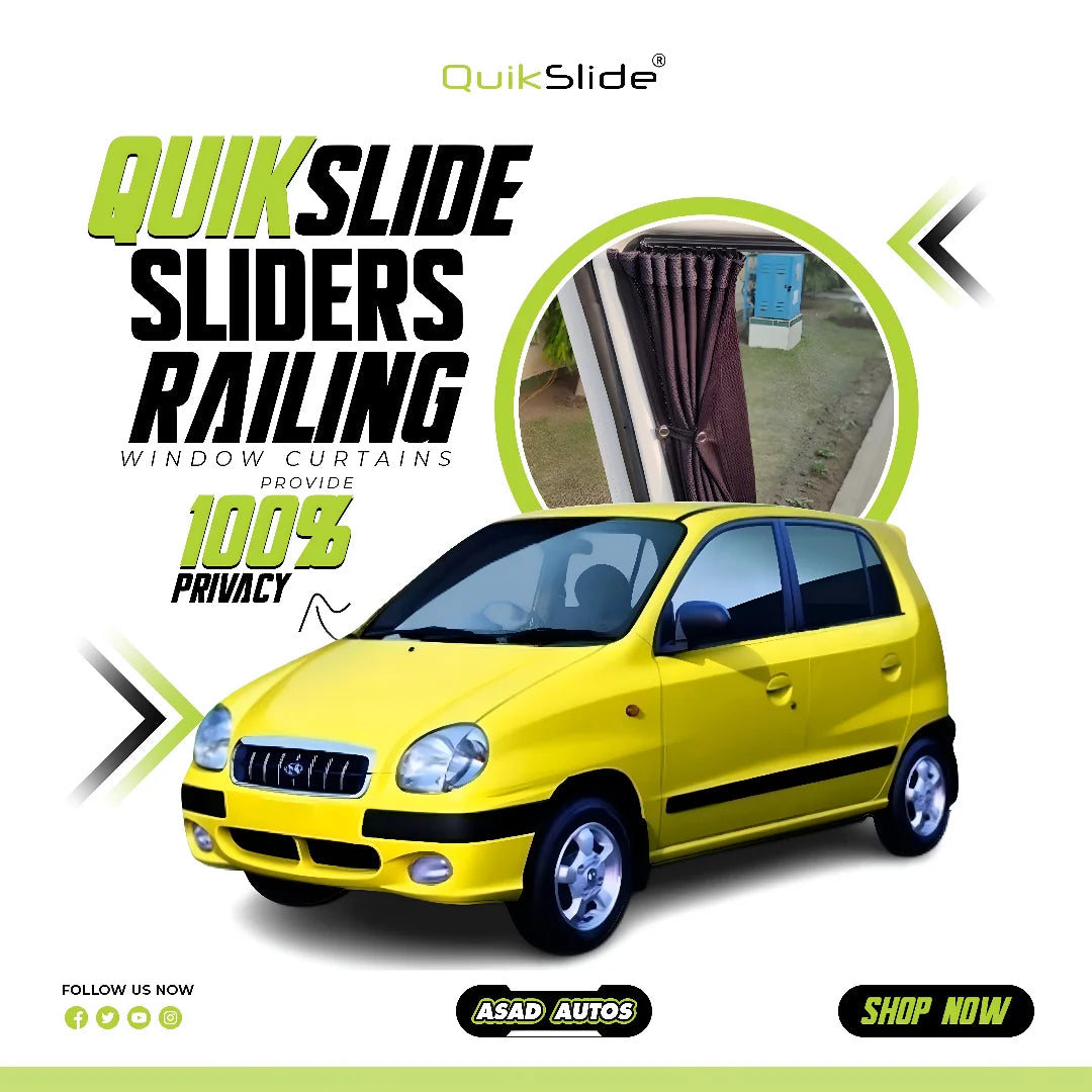 QuikSlide Sliders Railing Curtains for Hyundai Santro Gen2 2000–2003 car window sun shades with UV protection and privacy coverage