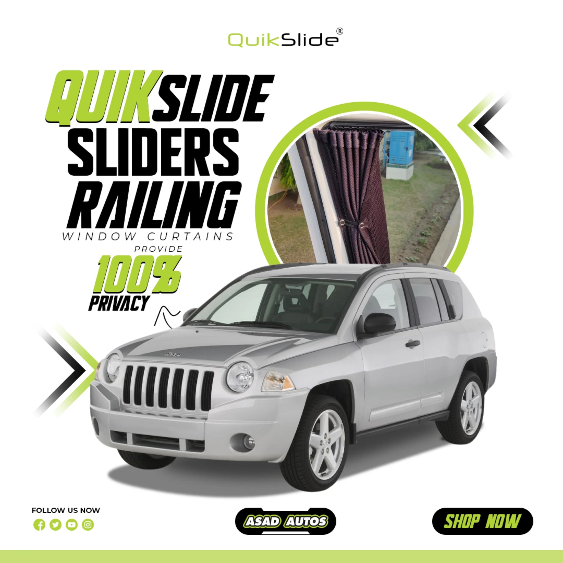 QuikSlide Sliders Railing Curtains for Jeep Compass Gen1 2007–2017 car window sun shades with UV protection and privacy coverage