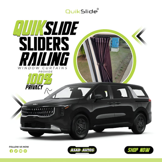 QuikSlide Sliders Railing Curtains for Kia Carnival 3rd Gen (2018-2020) – Superior Privacy and Sun Protection."

