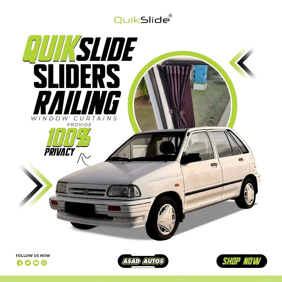 QuikSlide Sliders Railing Curtains for Kia Pride Classic Gen1 1987–2000 car window sun shades with UV protection and privacy coverage