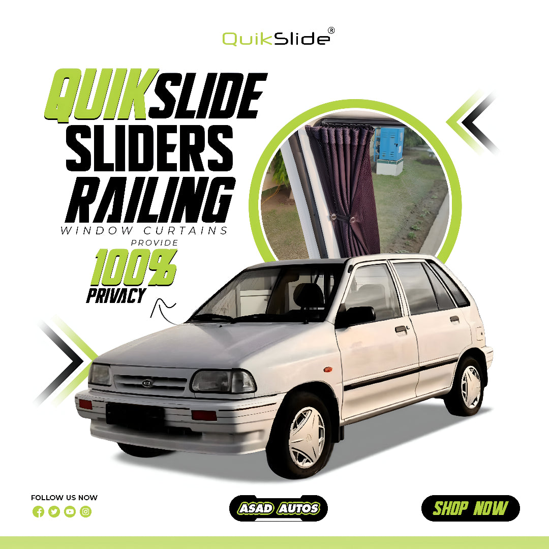 QuikSlide Sliders Railing Curtains for Kia Pride Gen1 (1987-2000) | Sunshade & Privacy