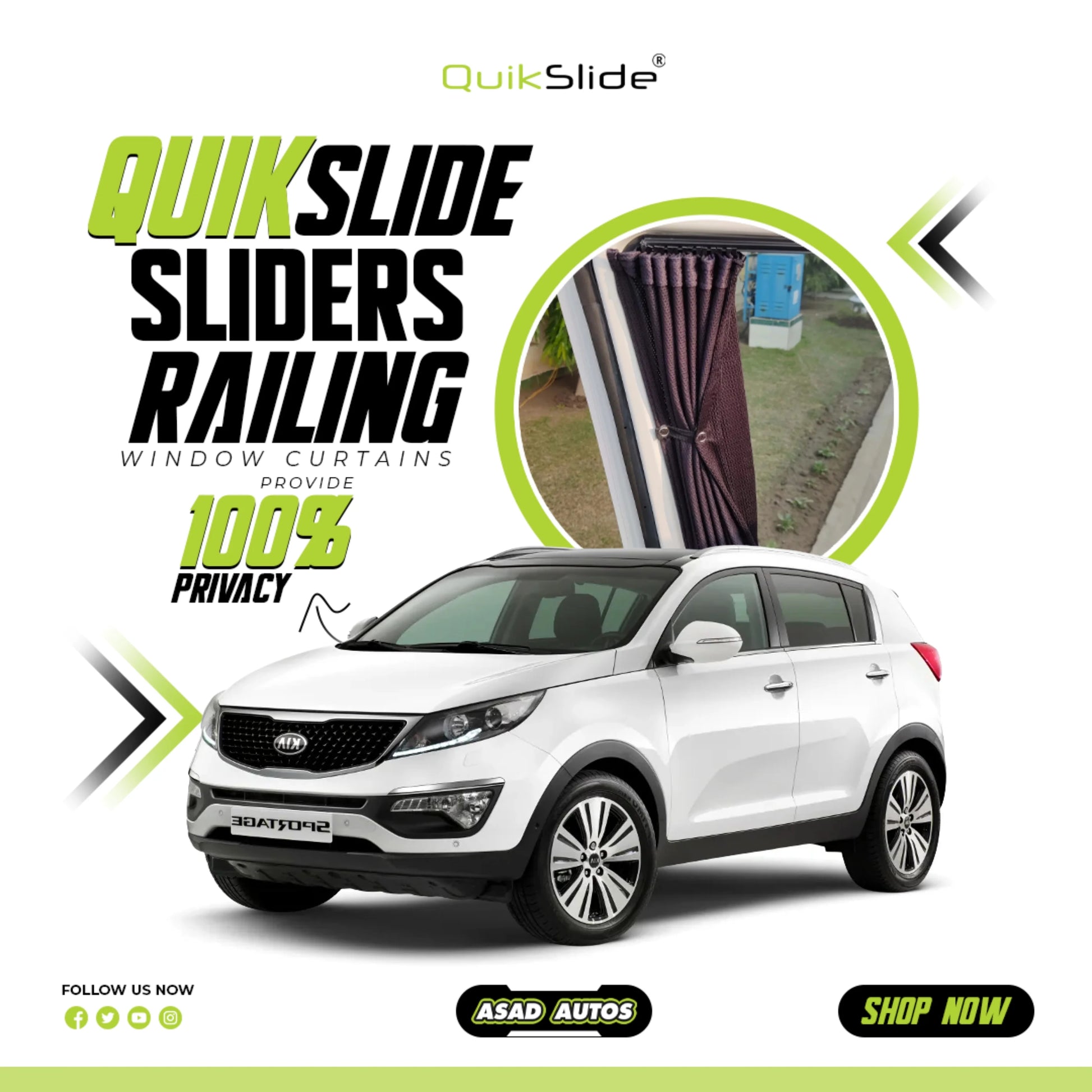 QuikSlide Sliders Railing Curtains for Kia Sportage Gen3 2010–2018 car window sun shades with UV protection and privacy coverage