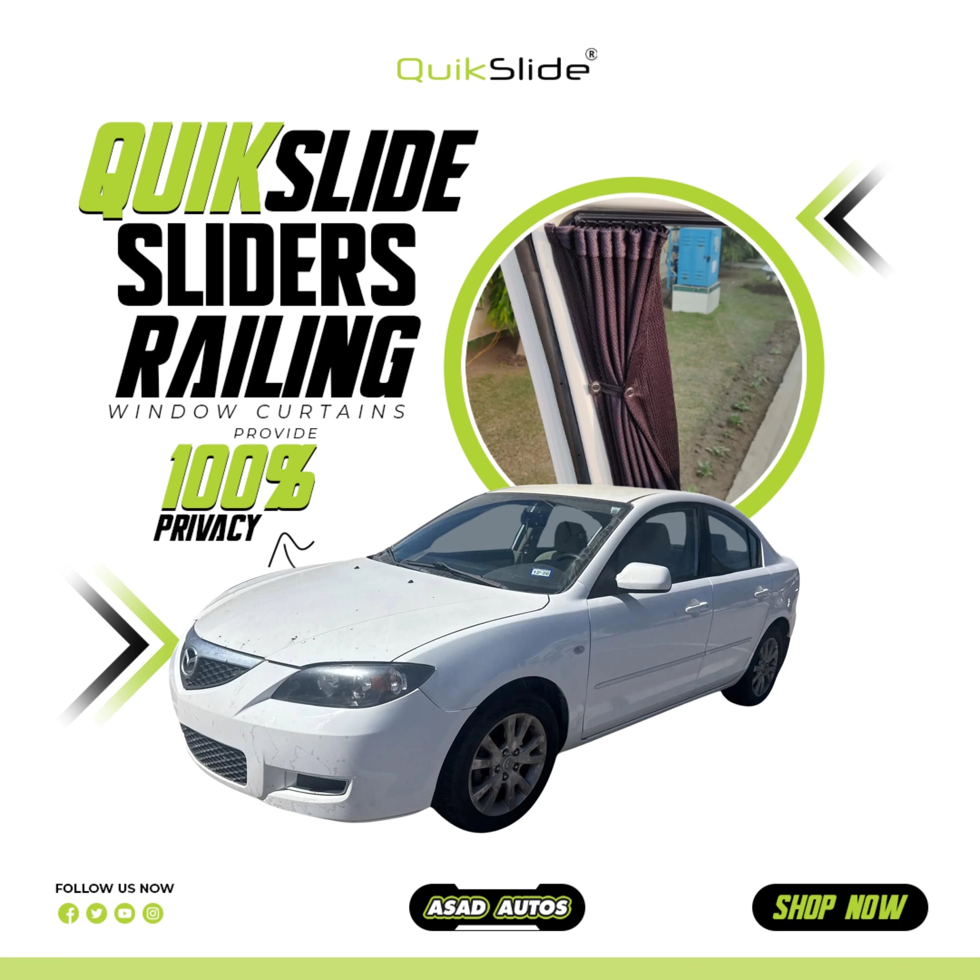 QuikSlide Sliders Railing Curtains for Mazda3 Axela Gen1 2006–2011 car window sun shades with UV protection and privacy coverage