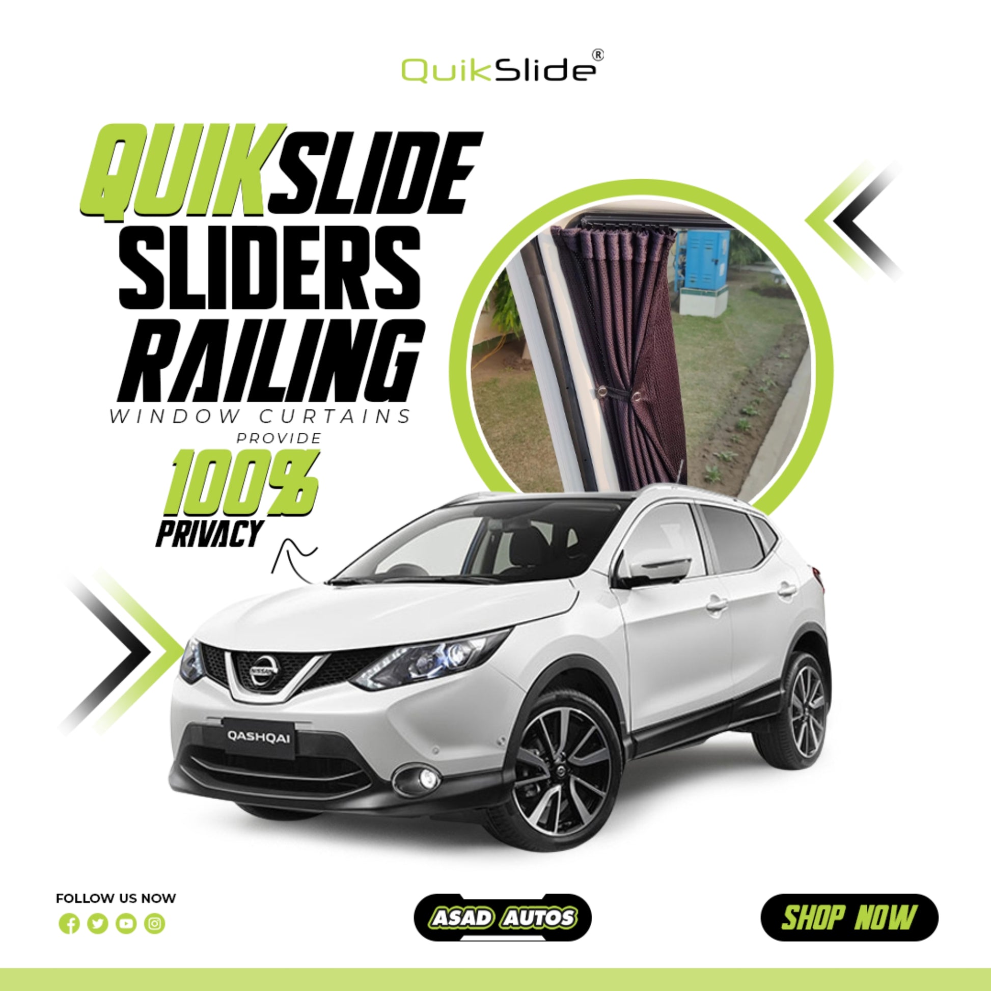 QuikSlide Sliders Railing Curtains for Nissan Qashqai Gen2 (2013 - 2022) — Car Window Shades & Railing Curtains