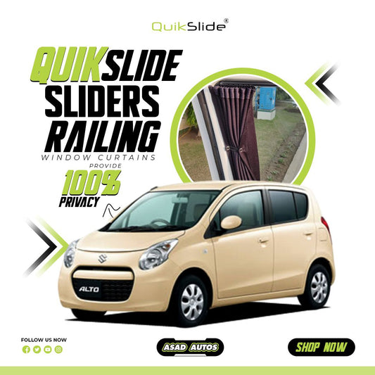 QuikSlide Sliders Railing Curtains for Suzuki Alto 7th Gen (2009-2014) – Premium Sun Protection and Privacy