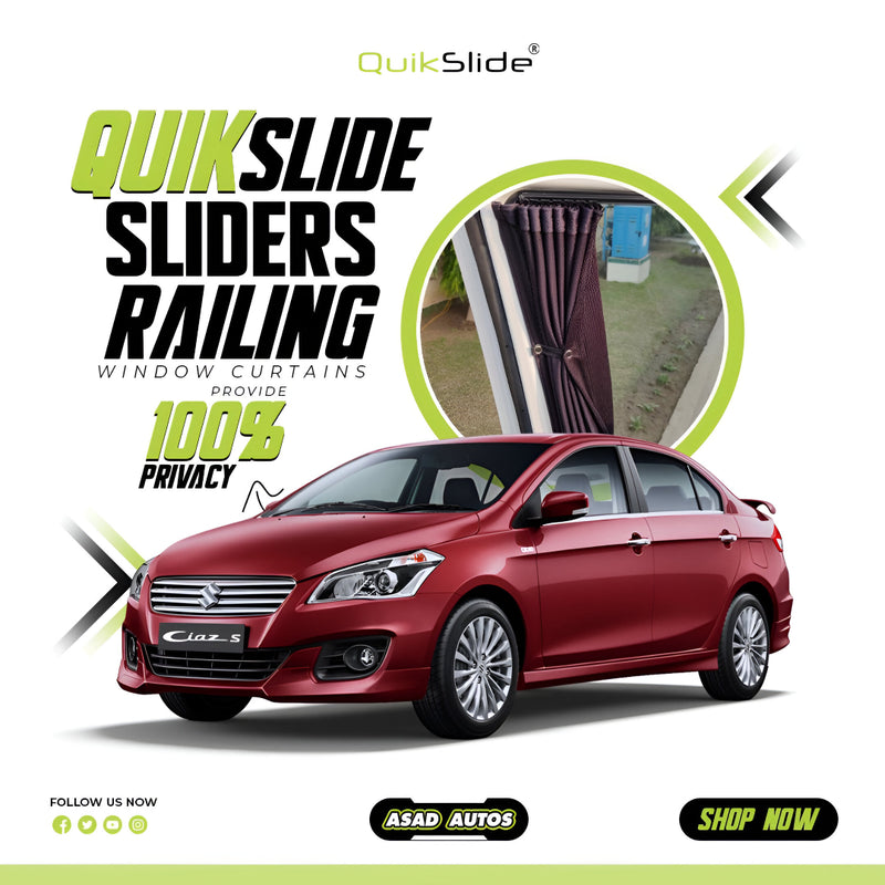 QuikSlide Sliders Railing Curtains for Suzuki Ciaz 1st Gen (2017-2019) – Premium Privacy and Sun Protection
