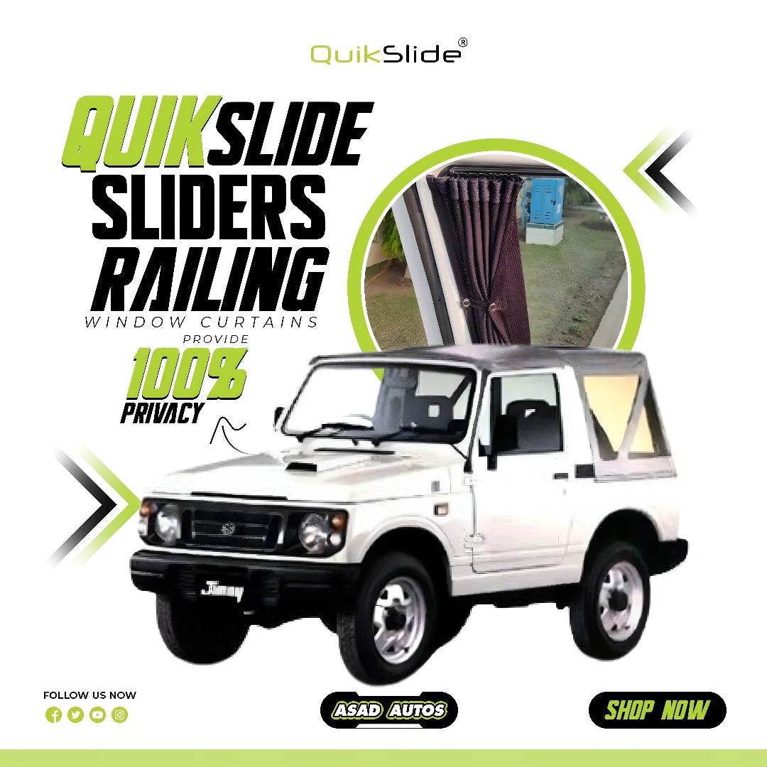 QuikSlide Sliders Railing Curtains for Suzuki Jimny Potohar Gen2 1981–1998 car window sun shades with UV protection and privacy coverage
