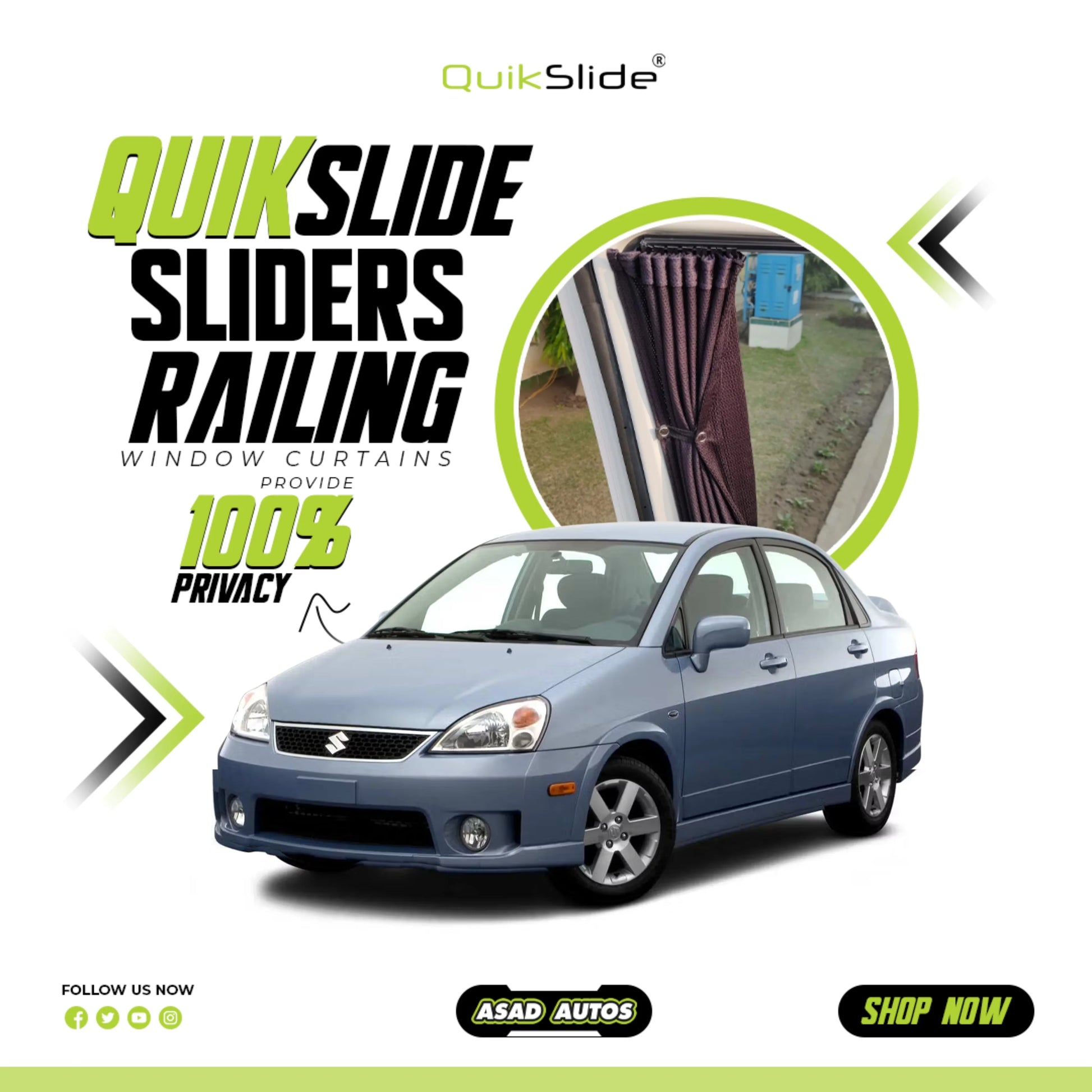 QuikSlide Sliders Railing Curtains for Suzuki Liana Aerio Gen1 2006–2014 car window sun shades with UV protection and privacy coverage