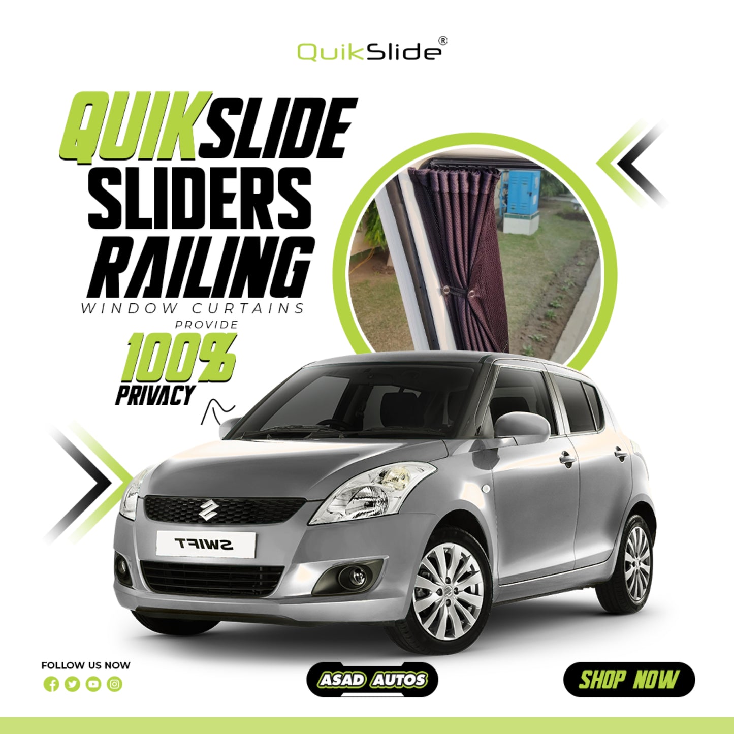 QuikSlide Sliders Railing Curtains for Suzuki Swift Gen1 (2009-2021) – Premium Privacy & Sun Protection"
