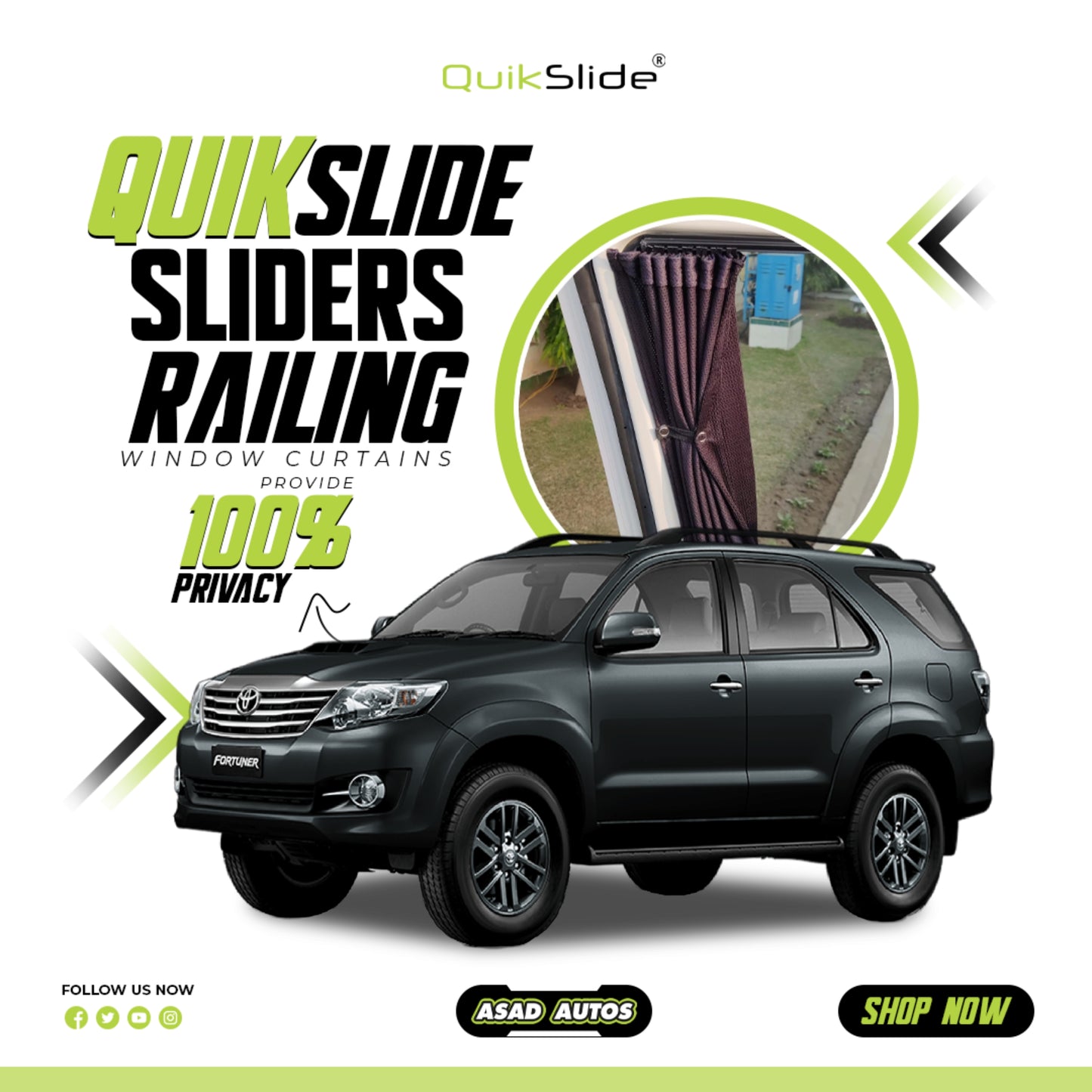 QuikSlide Sliders Railing Curtains for Toyota Fortuner (2004-2015) – Premium Privacy Shades with Superior Sun Protection and UV Block"
