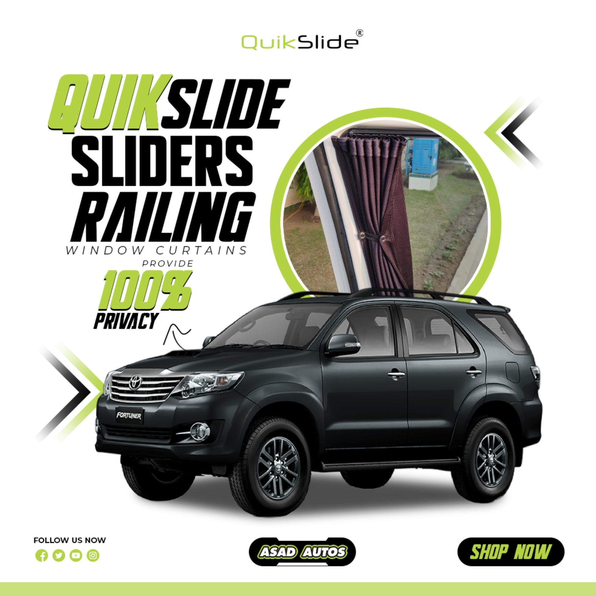 QuikSlide Sliders Railing Curtains for Toyota Fortuner (2004-2015) – Premium Privacy Shades with Superior Sun Protection and UV Block"
