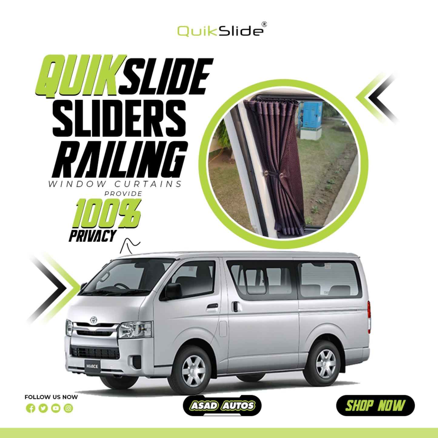 QuikSlide Sliders Railing Curtains for Toyota Hiace Gen5 (2004-2007) | Sunshade & Privacy