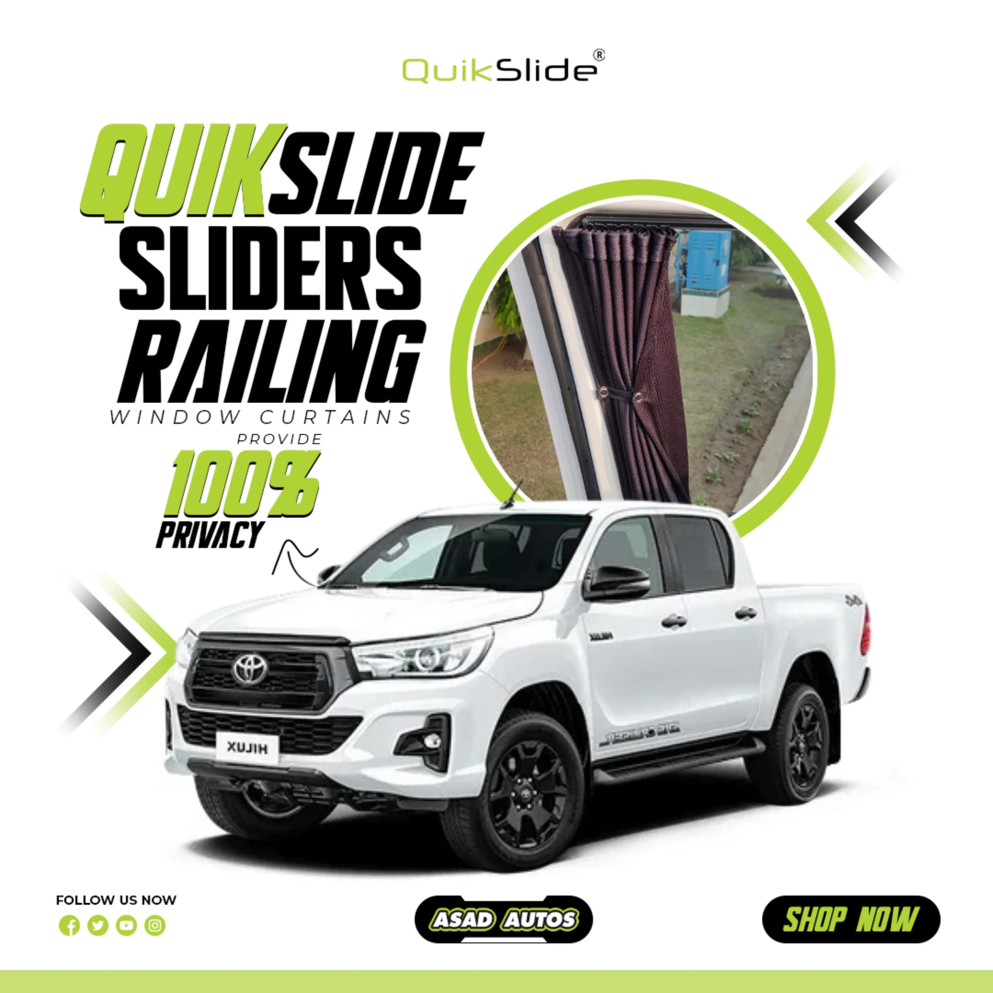 QuikSlide Sliders Railing Curtains for Toyota Hilux Revo Gen8 2016–2025 Car Window Sun Shades