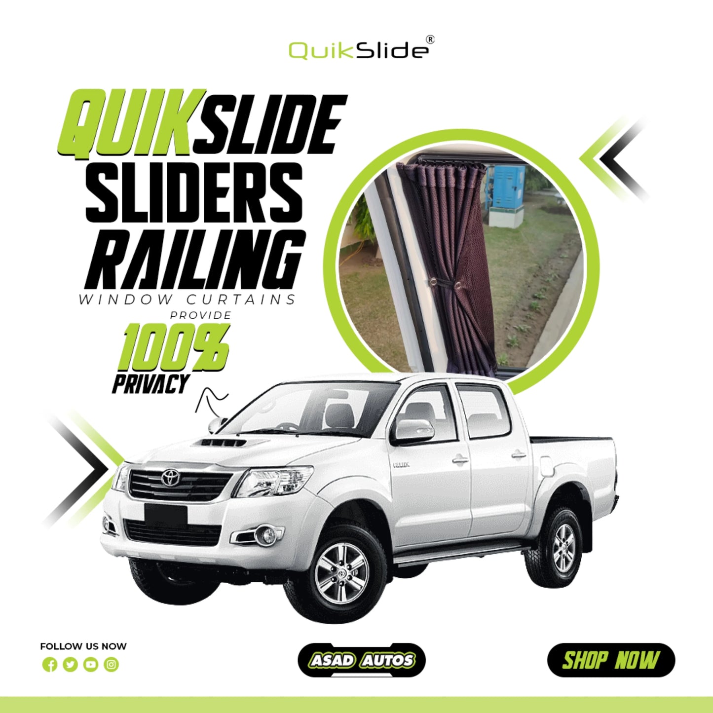 QuikSlide Sliders Railing Curtains for Toyota Hilux Vigo Gen7 2005–2014 Car Window Sun Shades
