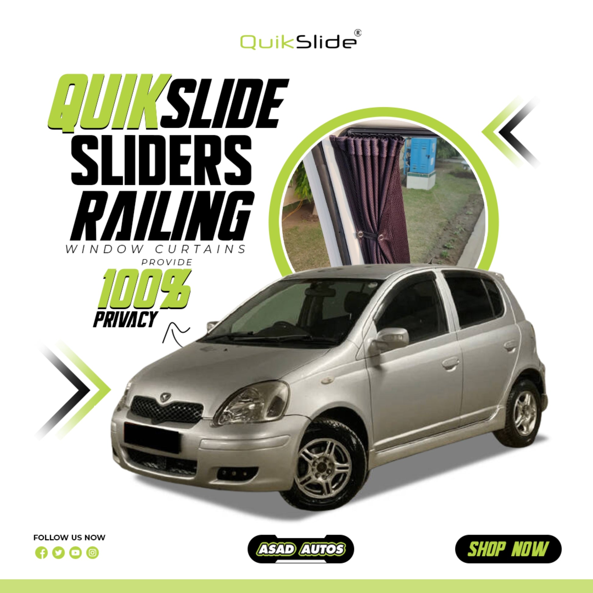 QuikSlide Sliders Railing Curtains for Toyota Vitz Gen1 (1999-2006) | Sunshade & Privacy